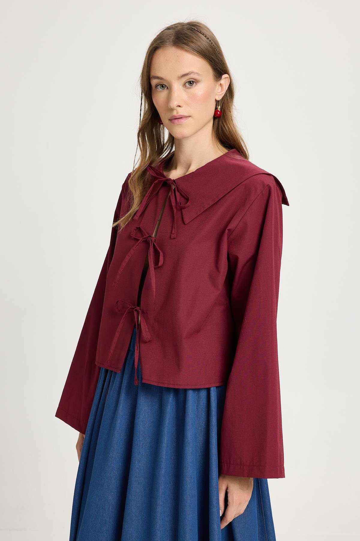 Kadın Bordo Poplin Kumaş Önden Bağlamalı Yaka Detaylı Bluz 30012