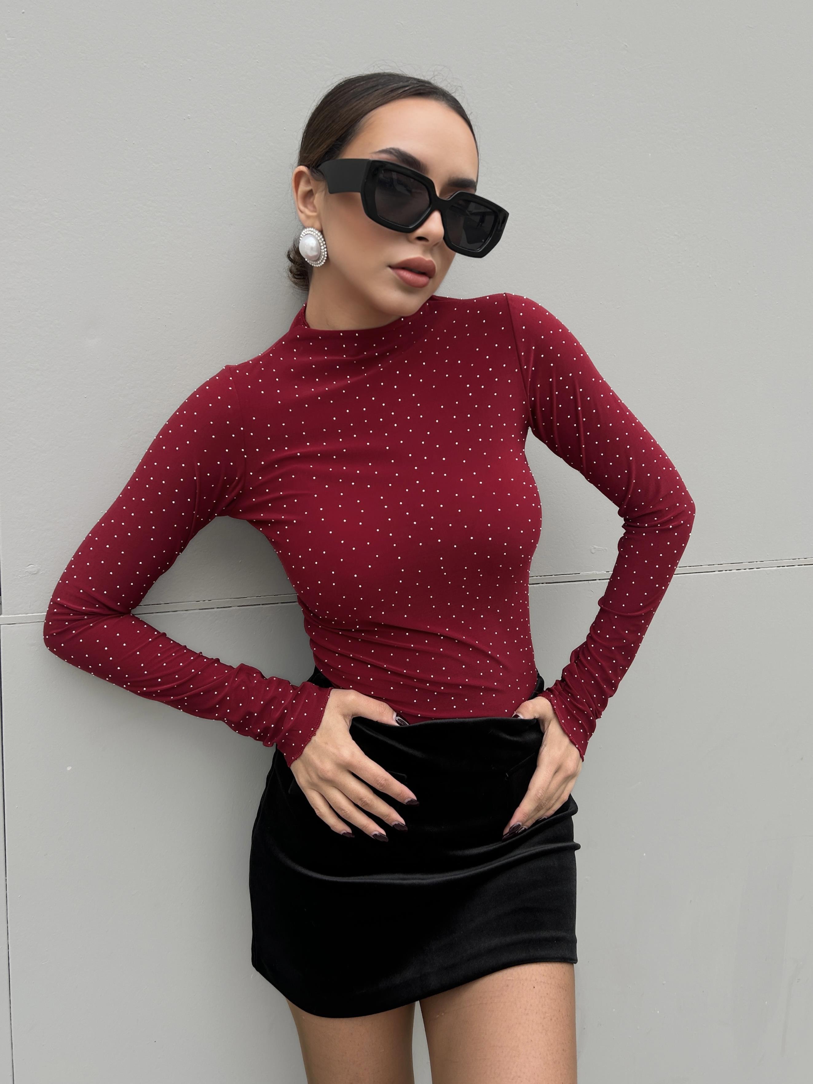 Kadın Bordo Sandy Kumaş Taşlı Bluz 30098