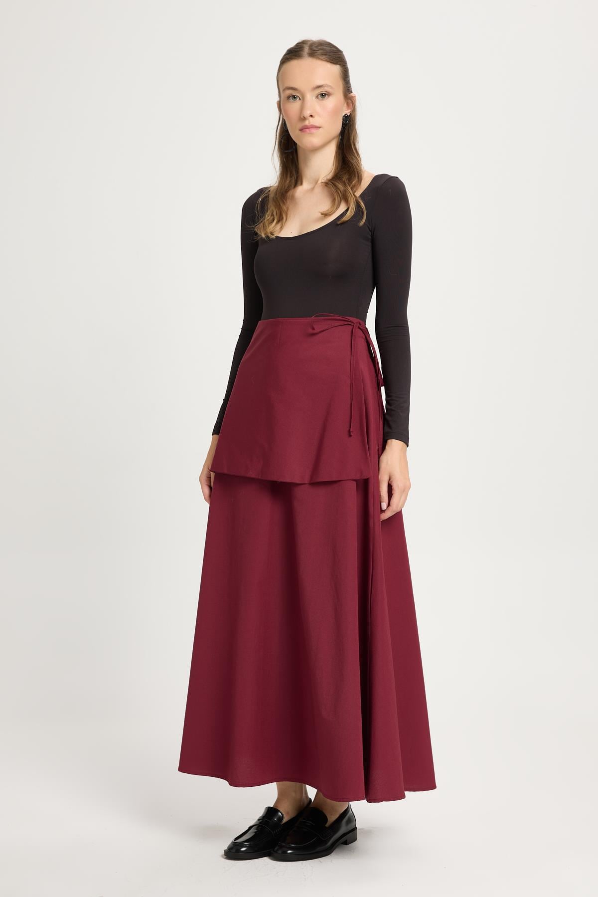Kadın Bordo Takma Kemerli Poplin Uzun Etek 30021