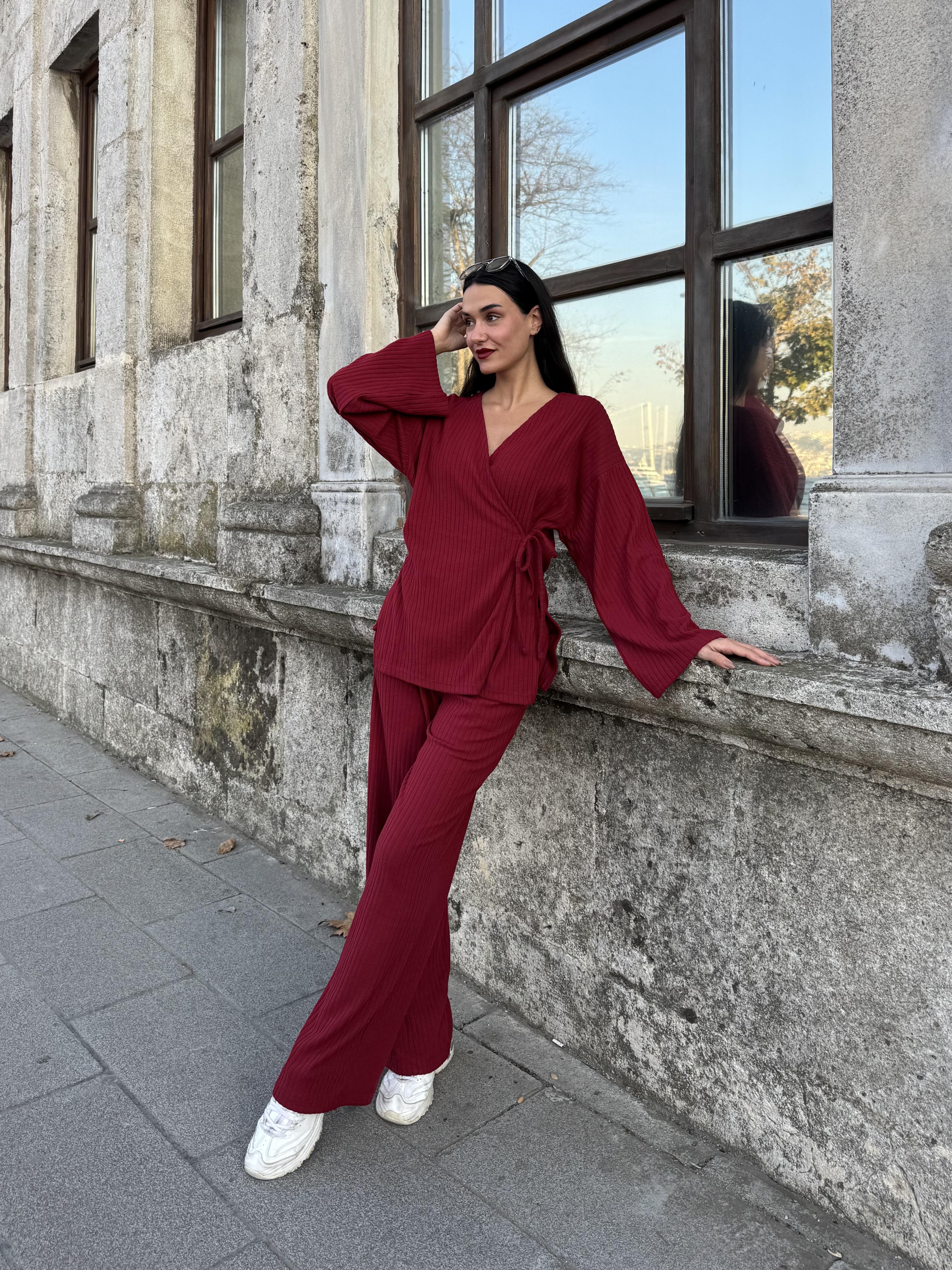 Kadın Bordo Yandan Bağlamalı Fitilli Şardonlu Alt/Üst Takım 28316