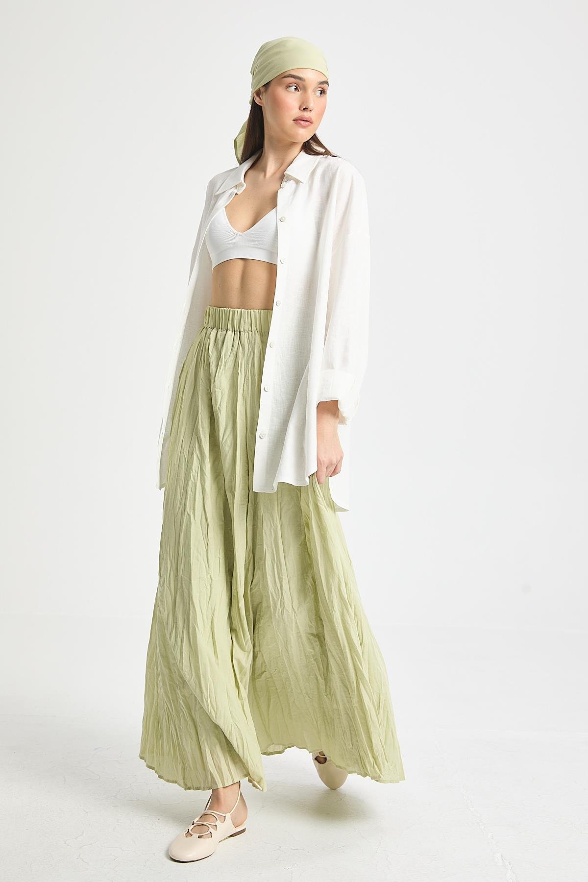 Kadın Çağla Vual Kumaş Kırışık Uzun Astarlı Etek 29062