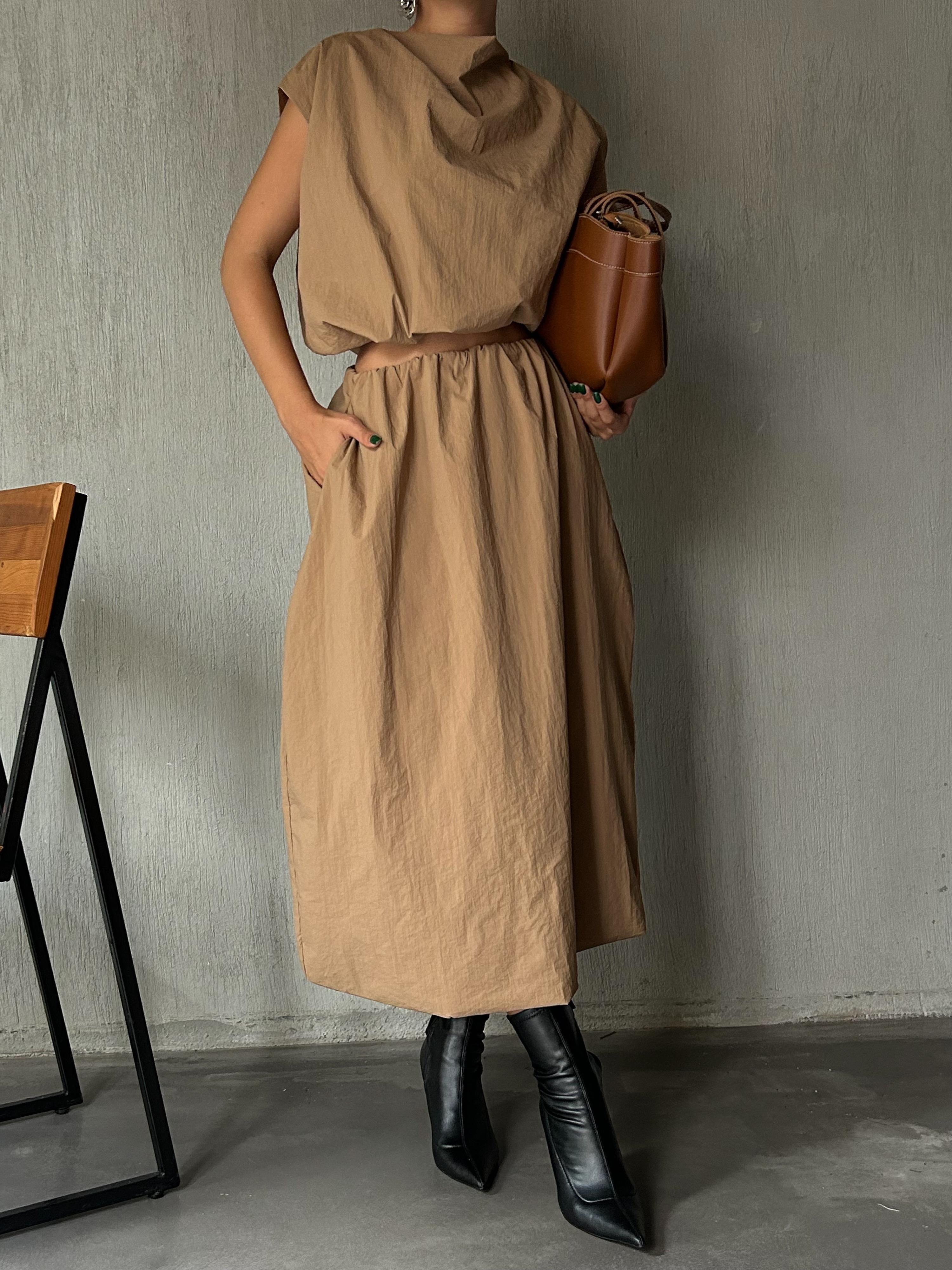 Kadın Camel Beli Lastikli Astarlı Paraşüt Kumaş Balon Etek 28068