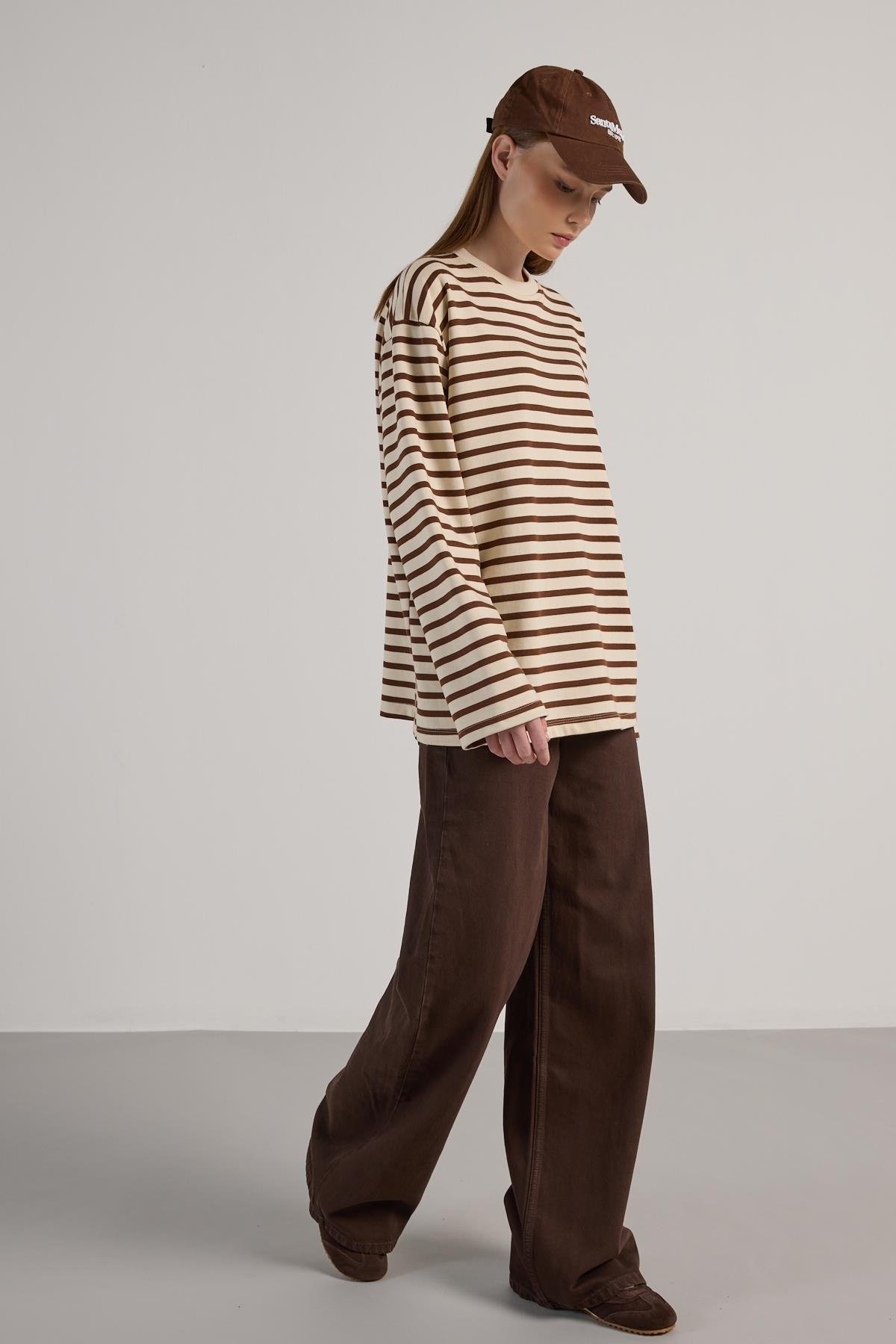 Kadın Çizgili Oversize Bordo Krem Sweatshirt 30010