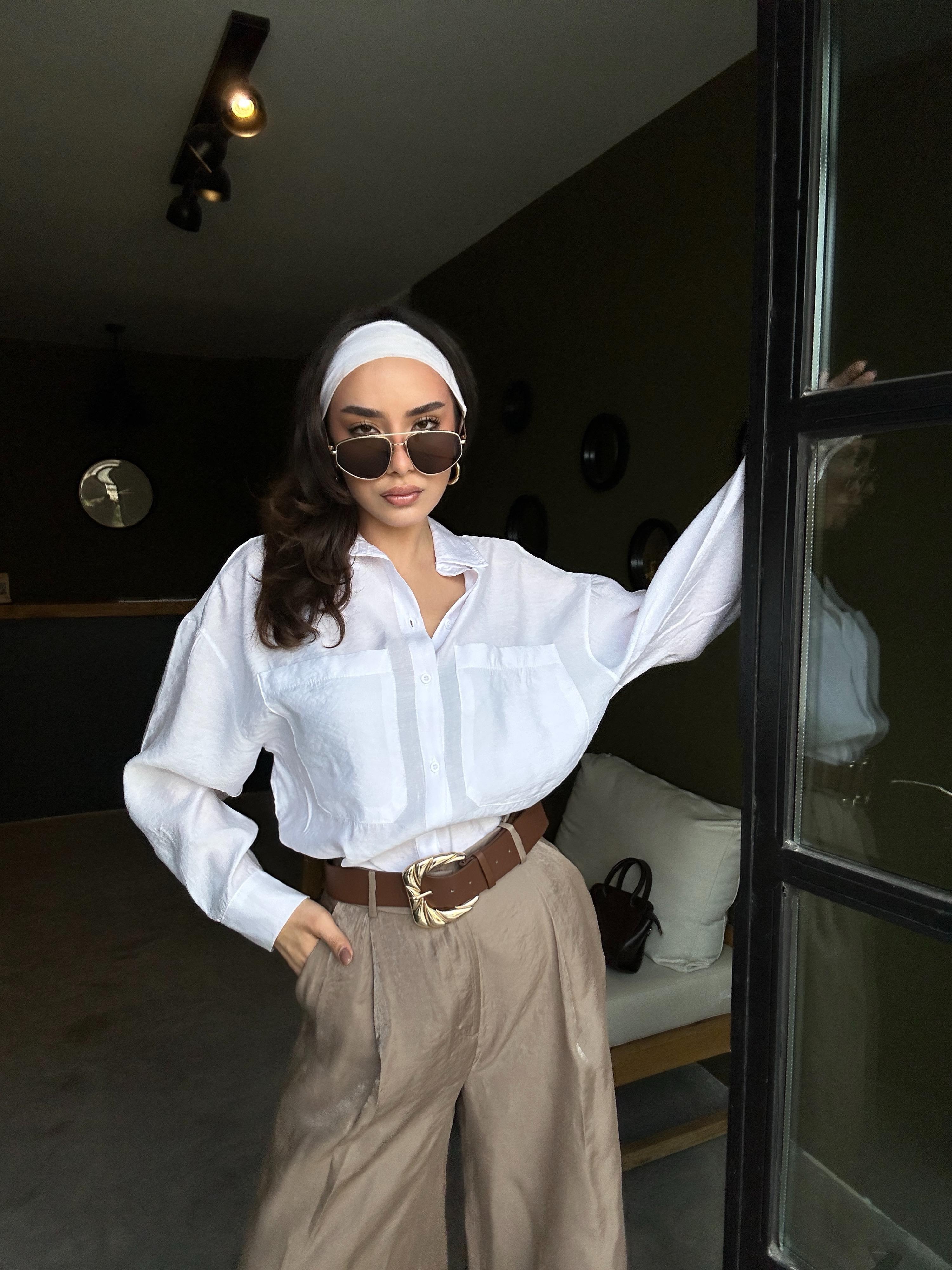 Kadın Ekru %100 Modal Kumaş Cep Detaylı Oversize Uzun Gömlek 29108