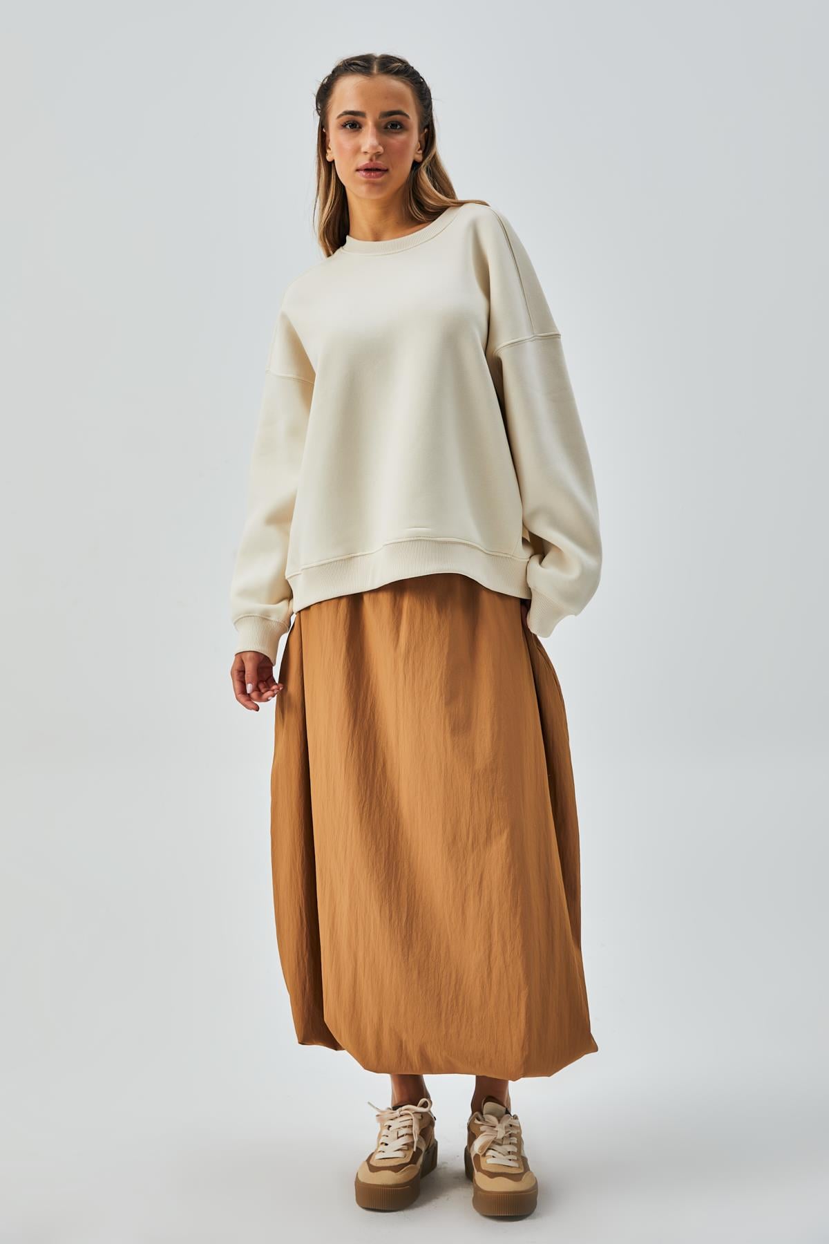 Kadın Ekru 3 İplik Penye Şardonlu Oversize Sweatshirt 28050