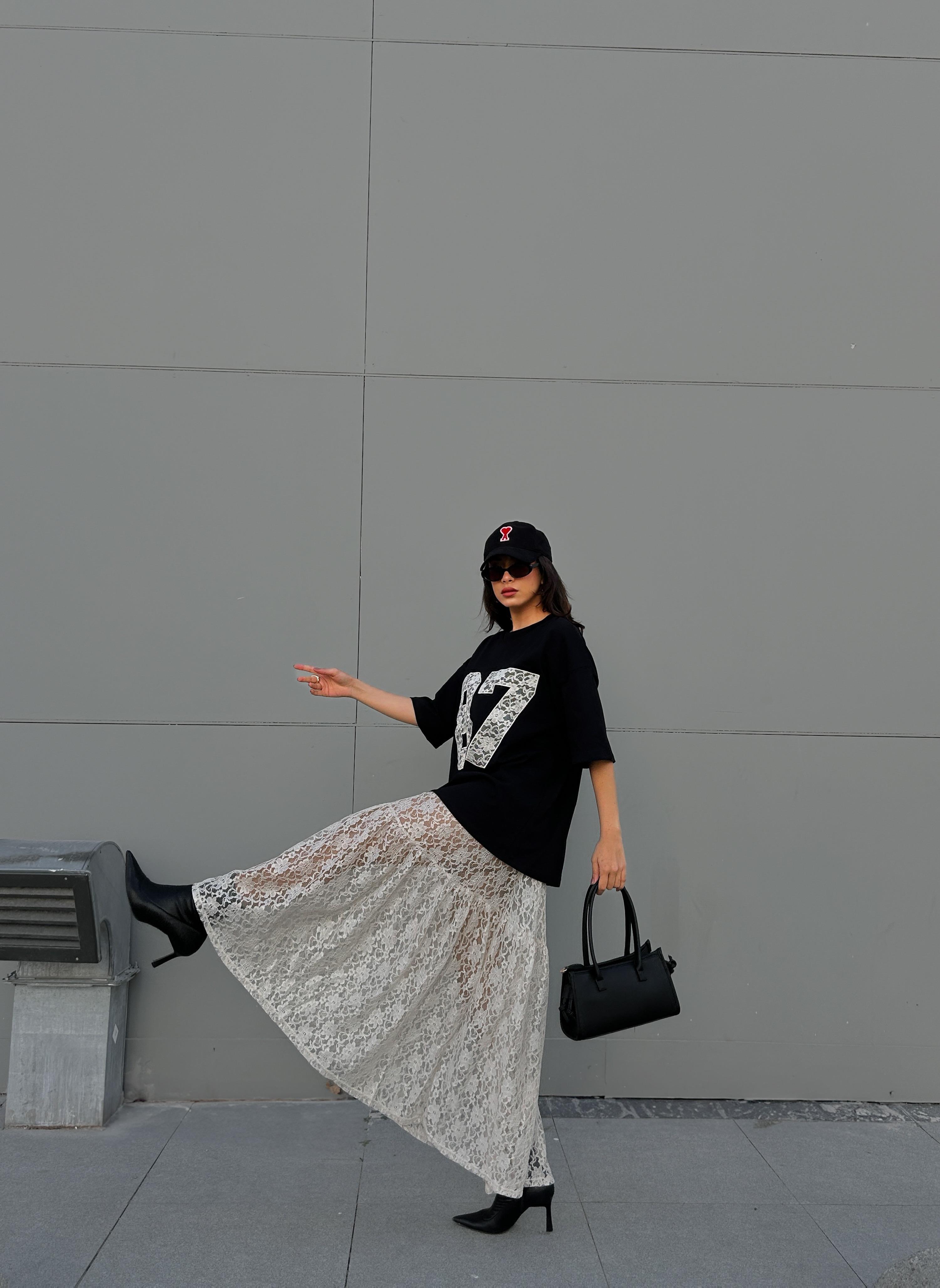 Kadın Ekru Astarsız Dantel Etek 29056