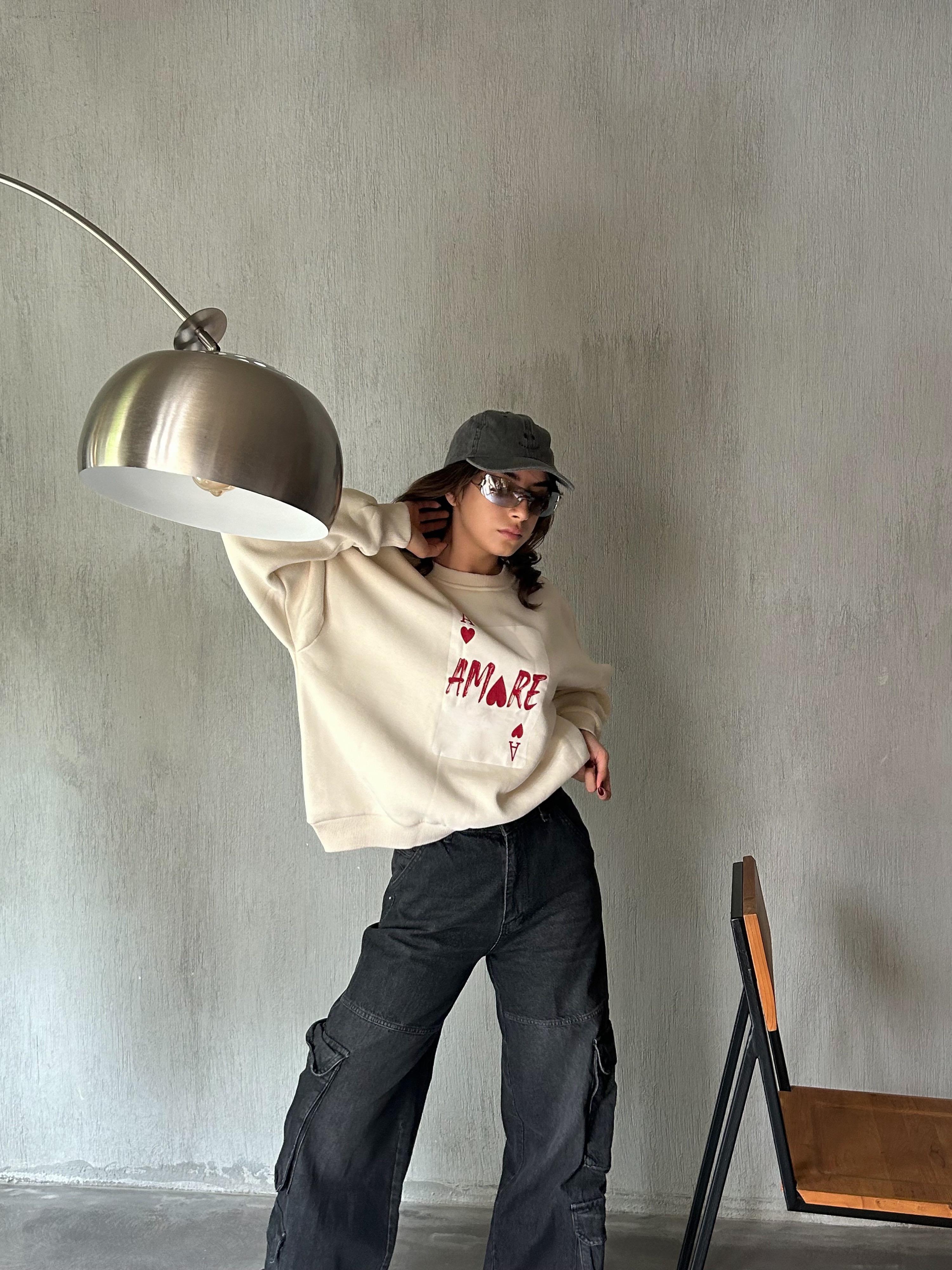 Kadın Ekru Baskılı Şardonlu 3 İplik Pamuk Sweatshirt 28059