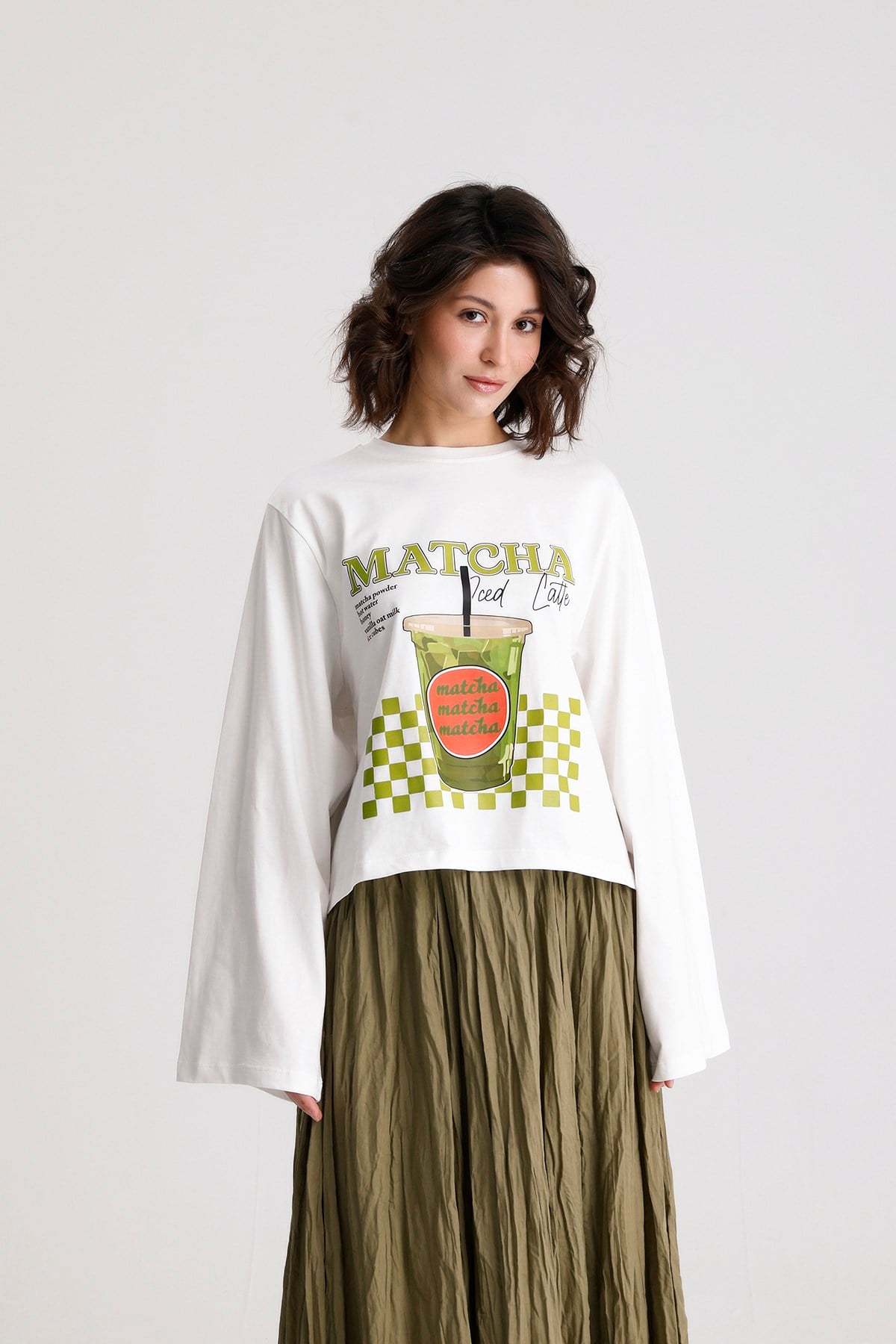 Kadın Ekru Genil Kol Oversize Baskılı t-shirt 31101