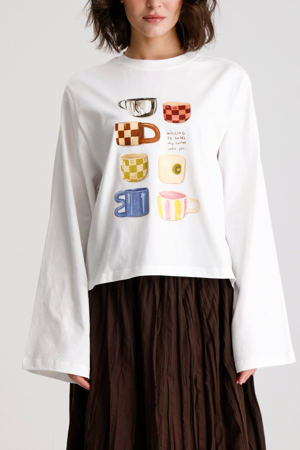 Kadın Ekru Geniş Kol Oversize Baskılı t-shirt 31101