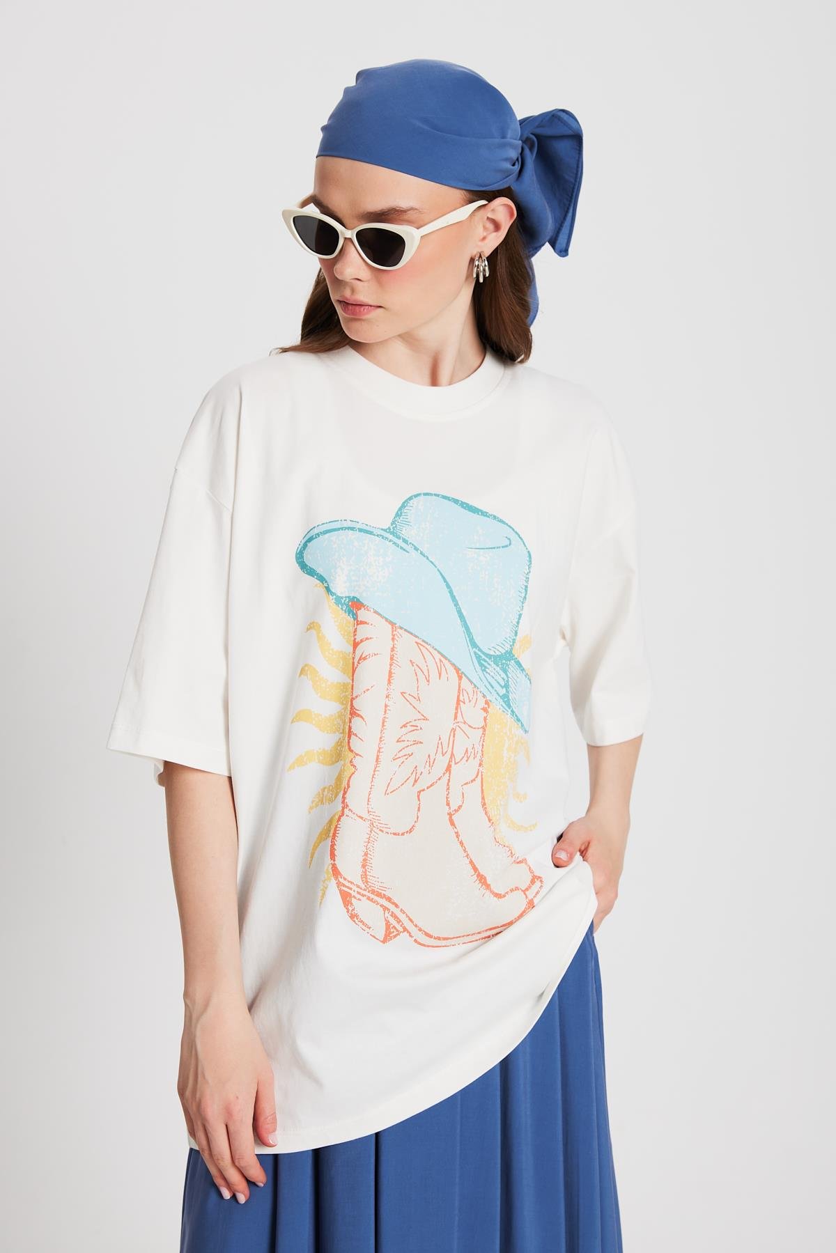 Kadın Ekru Oversize Baskılı T-shirt 29156