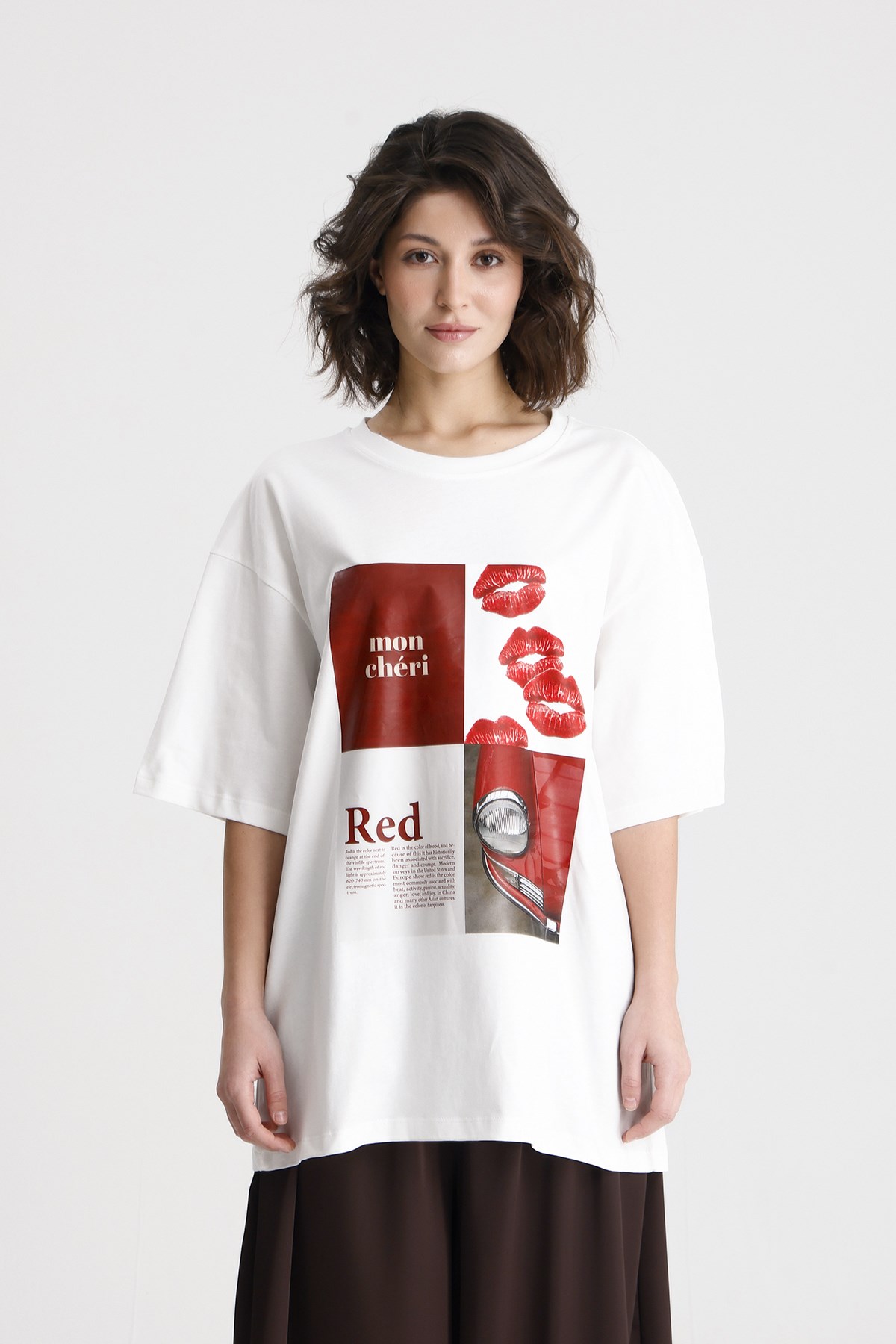 Kadın Ekru OversizeBaskılı Pamuk Kısa Kol t-shirt 31103