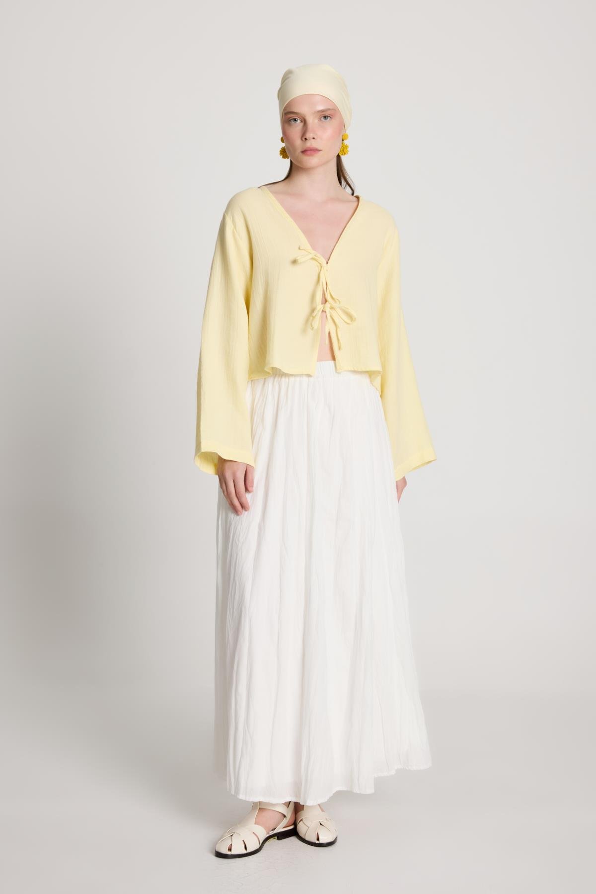 Kadın Ekru Vual Kumaş Kırışık Uzun Astarlı Etek 29062