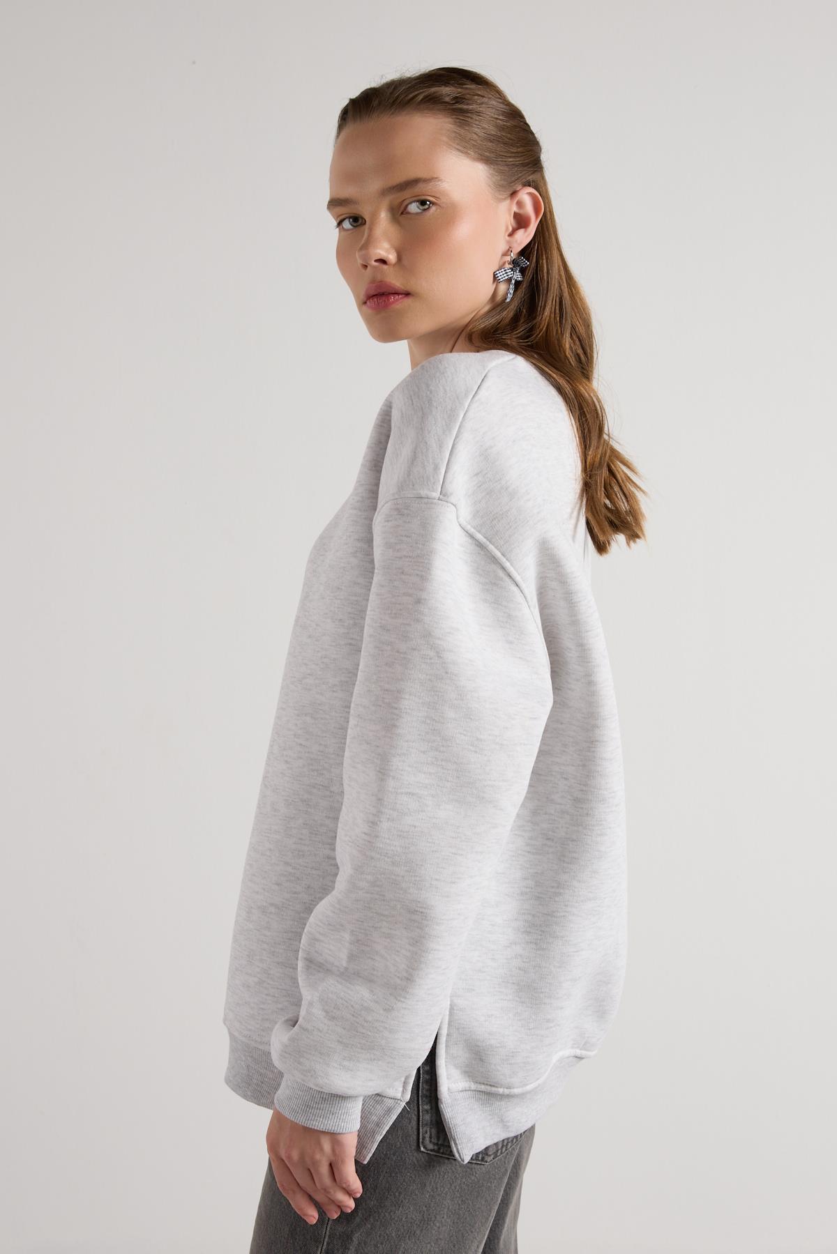 Kadın Gri Melanj Basic Yırtmaçlı Oversize 3 iplik Şardonlu Sweatshirts 30078 