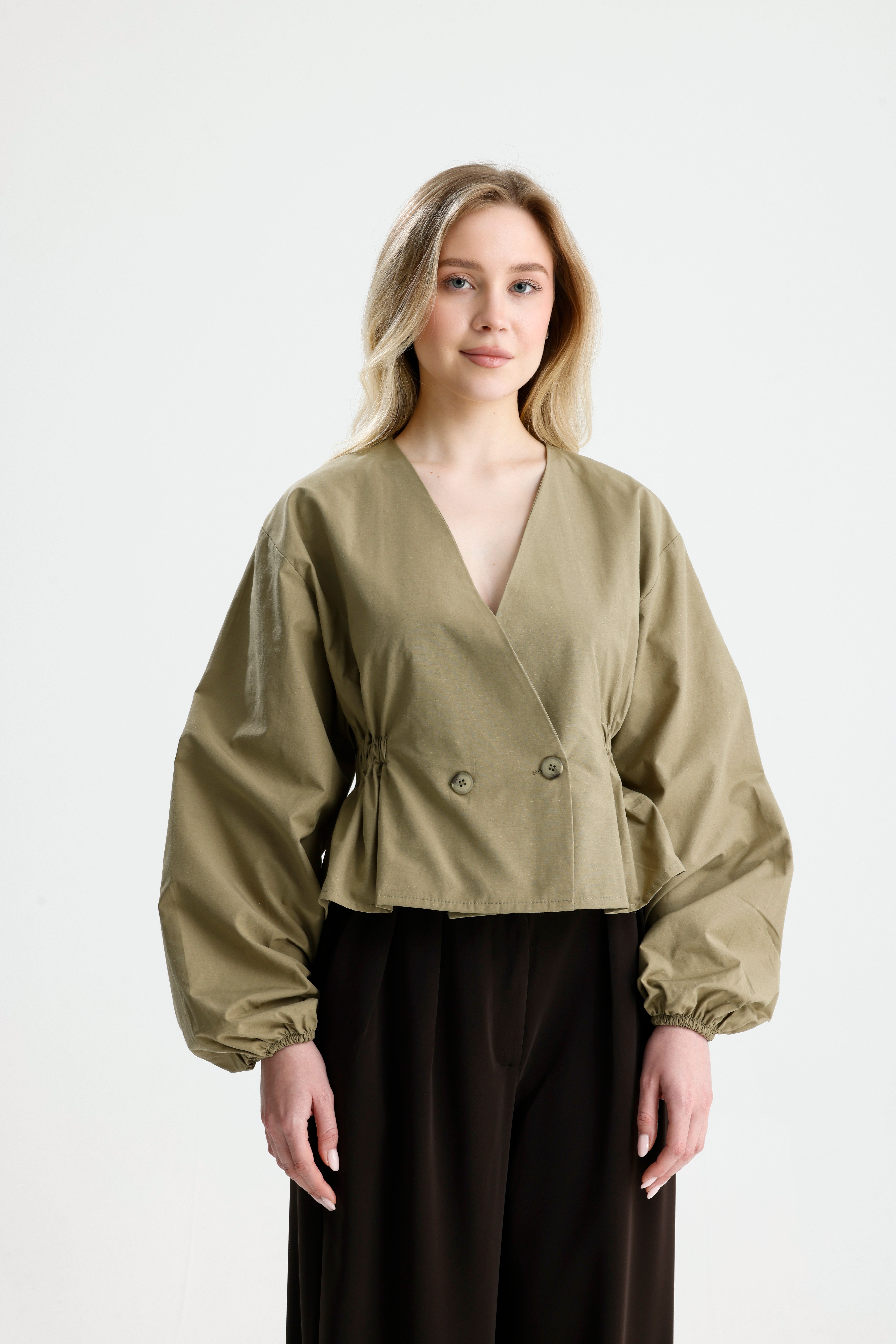 Kadın Haki Beli Lastik Detaylı Poplin Astarsız Ceket 31039