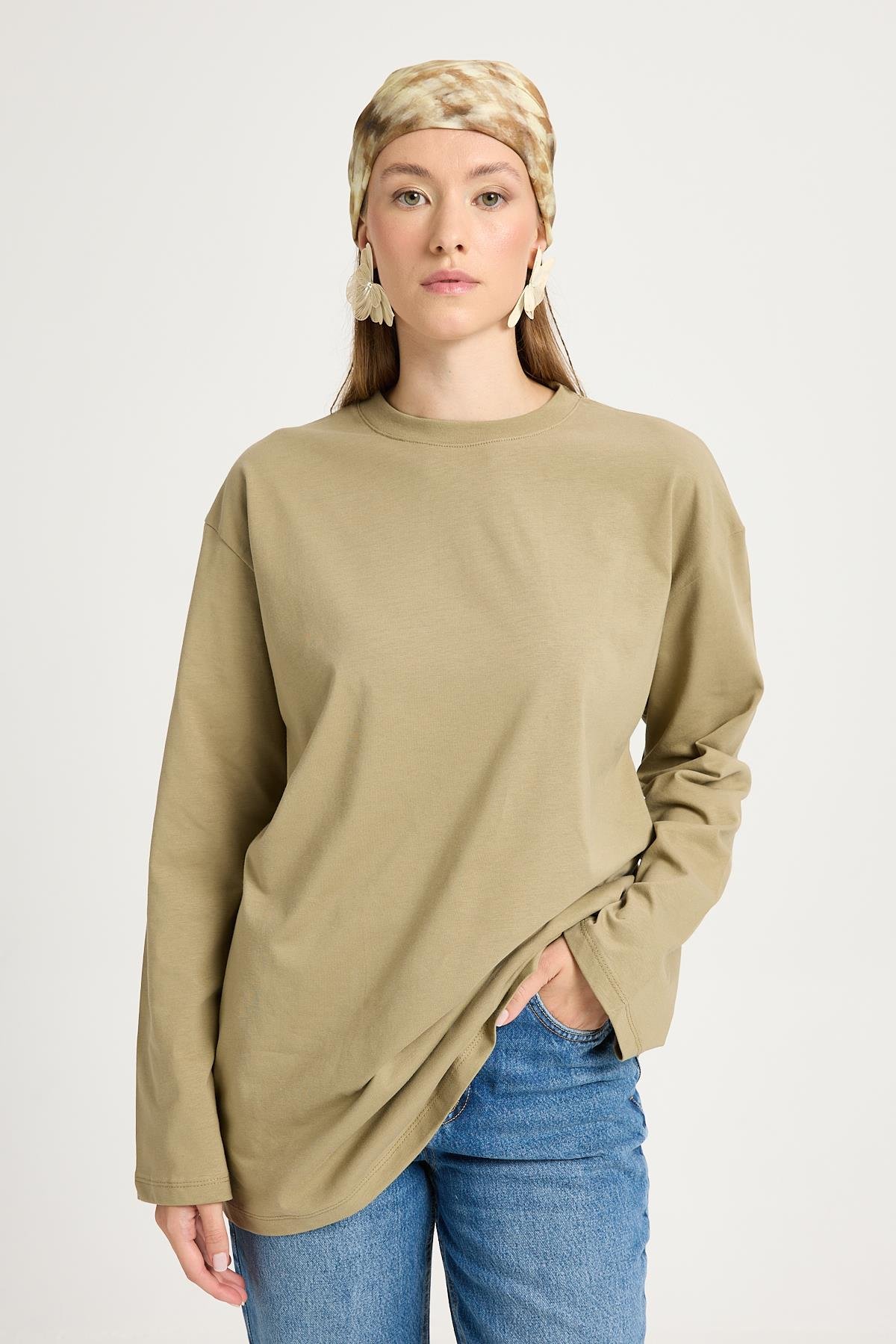 Kadın Haki Geniş Kol Oversize Basic T-shirt