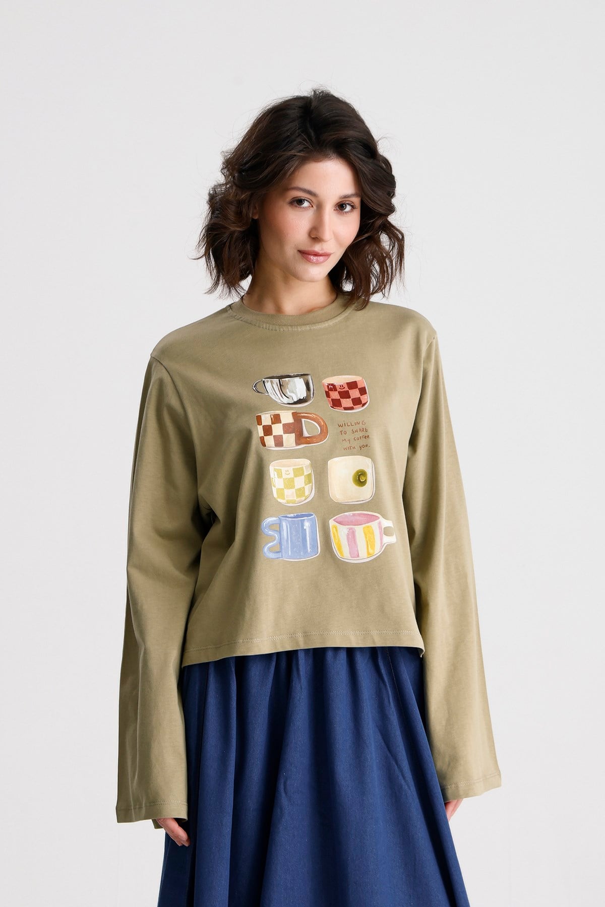 Kadın Haki Geniş Kol Oversize Baskılı t-shirt 31101