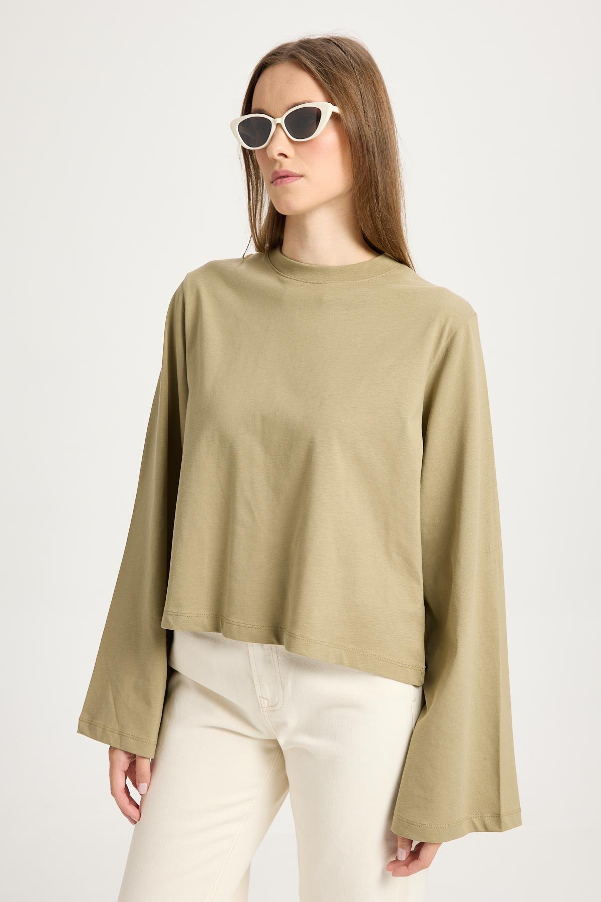 Kadın Haki Geniş Kol Oversize Kısa Basic T-shirt 30059