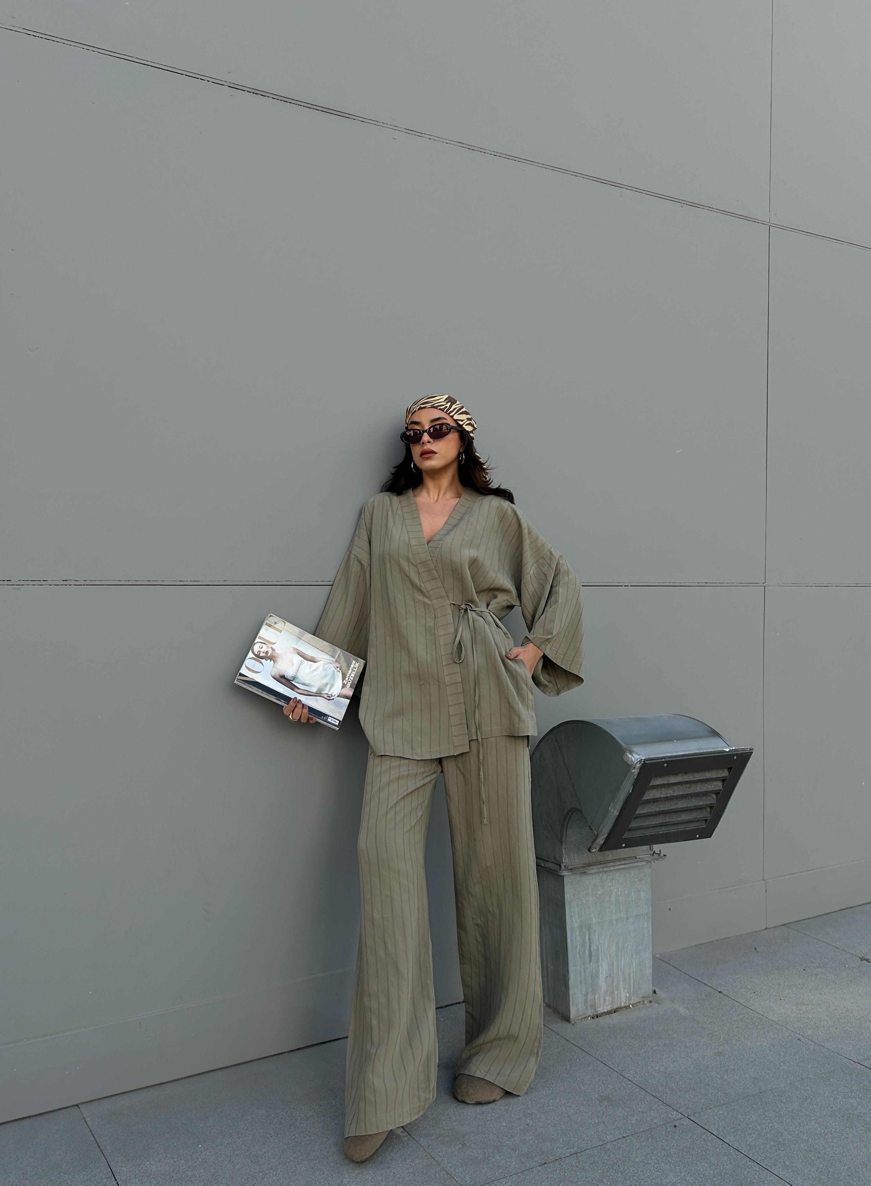 Kadın Haki Kendinden Desenli %100 Modal Alt/Üst Kimono Takım 29065