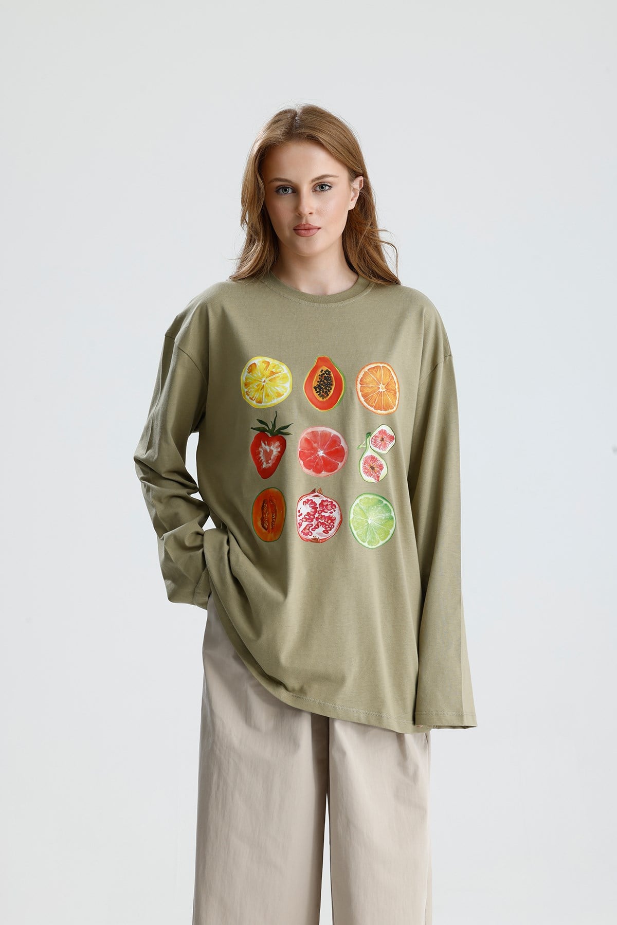 Kadın Haki Oversize Baskılı Pamuk T-shirt 31145
