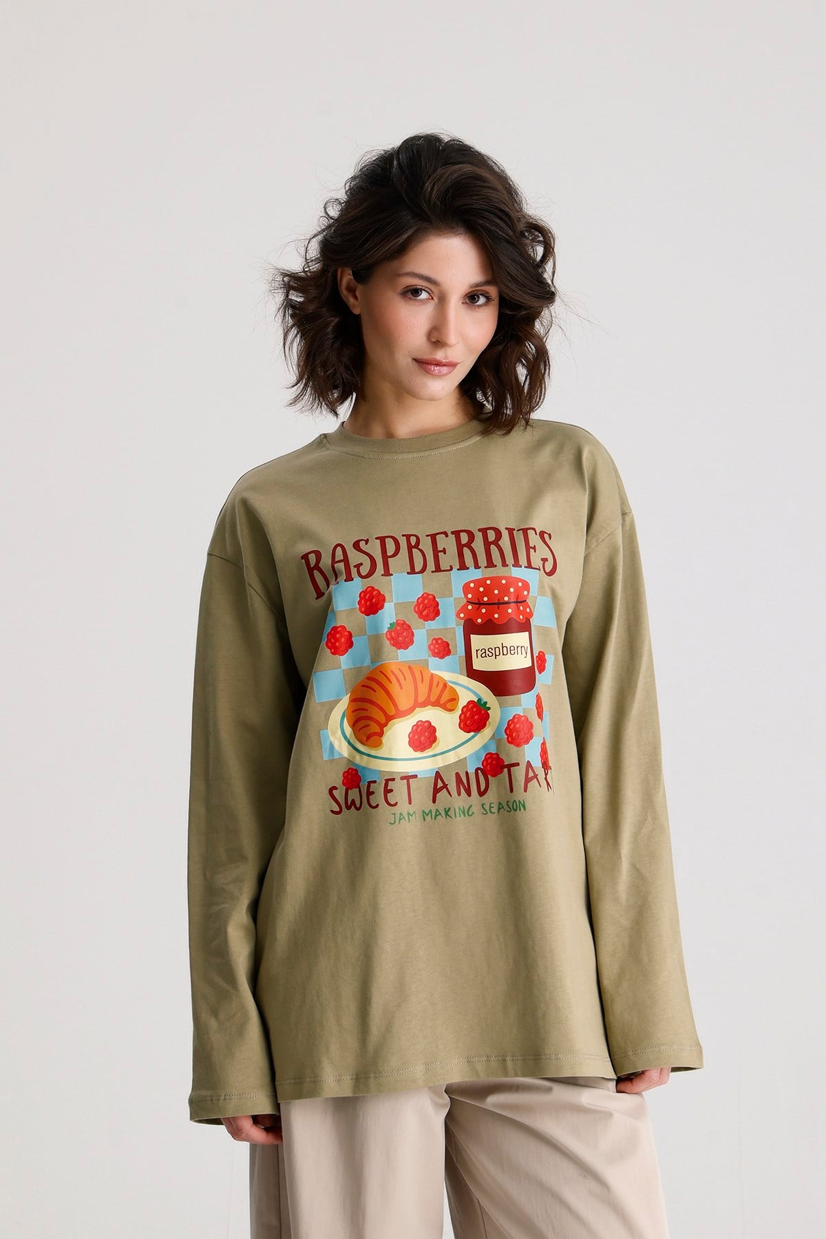 Kadın Haki Oversize Baskılı Pamuk t-shirt 31102