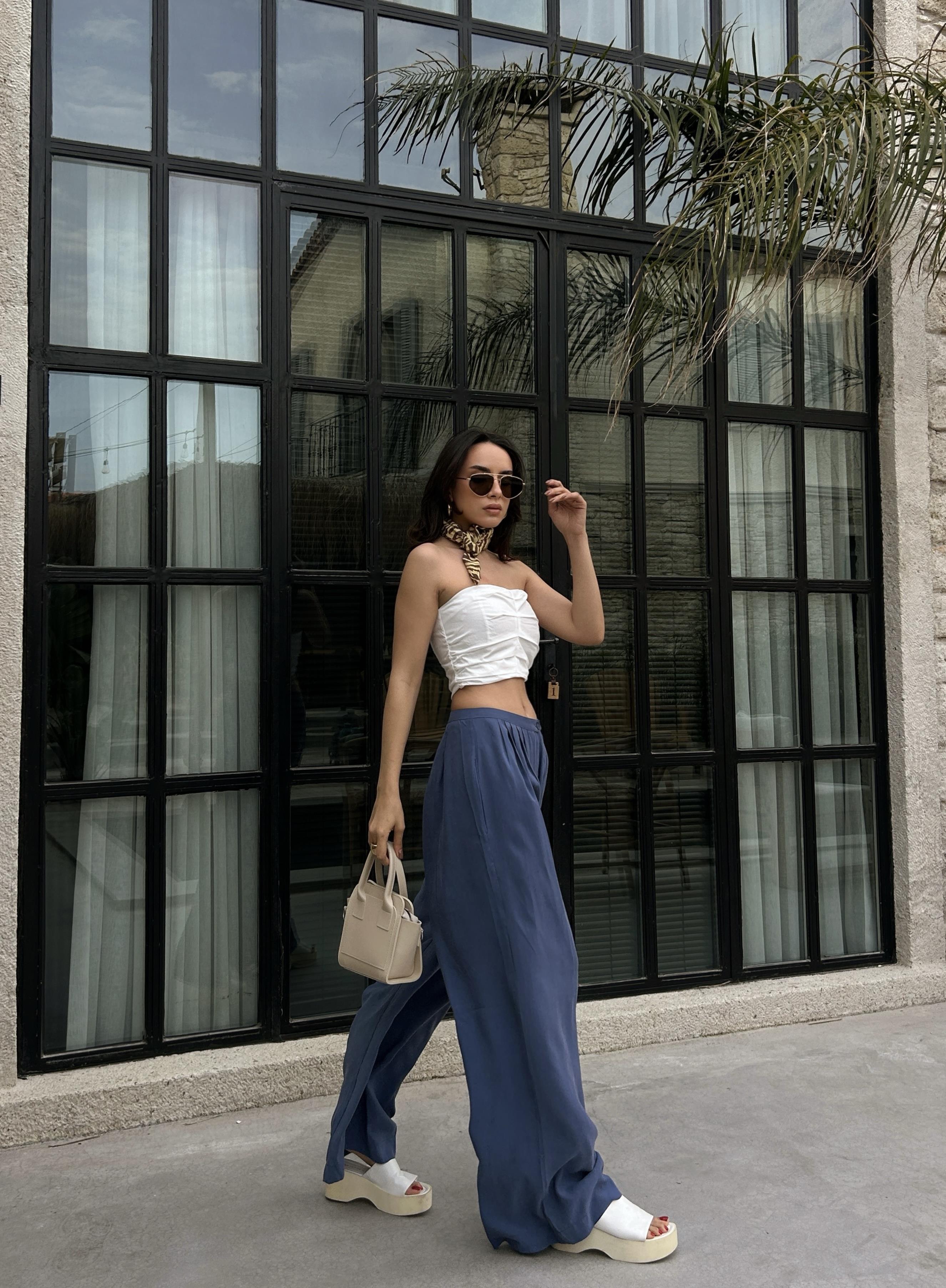 Kadın İndigo %100 Modal Kumaş Pileli Geniş Kesim Pantolon 29110