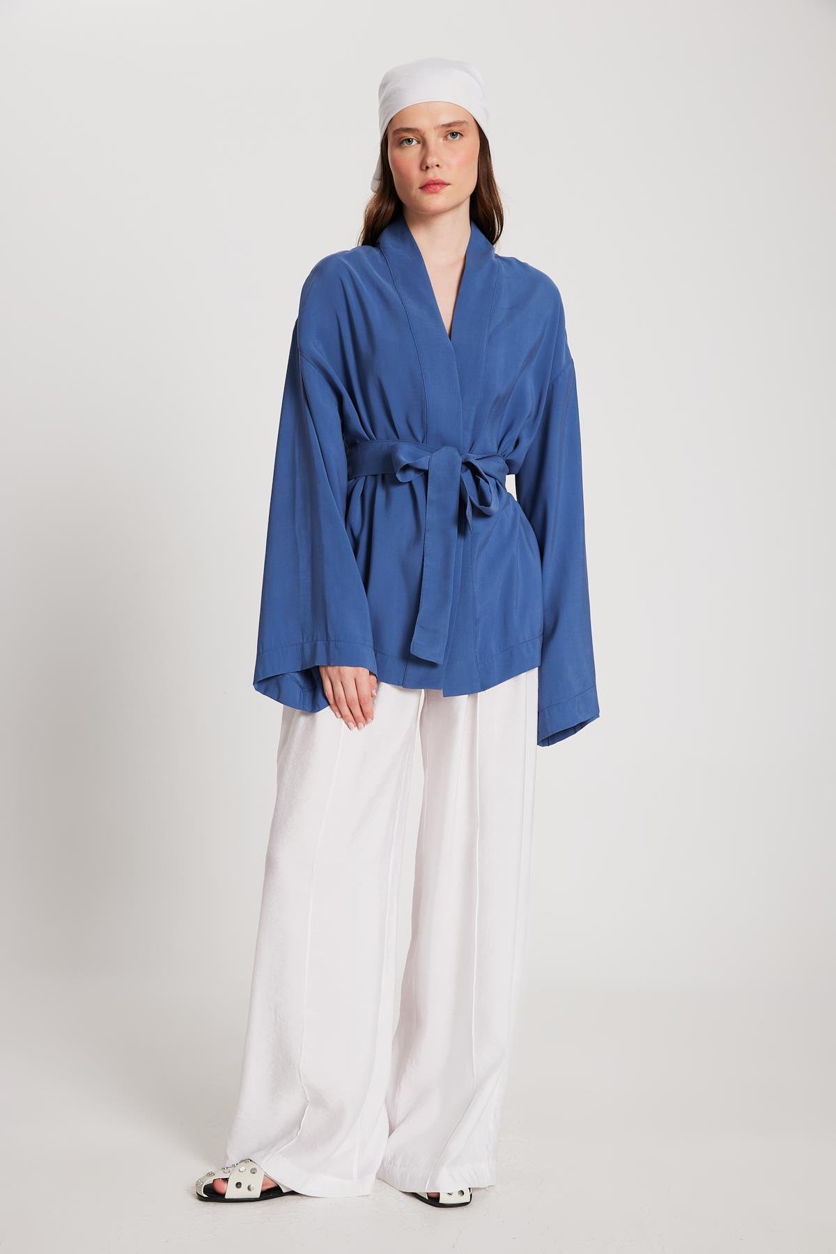 Kadın İndigo Oversize %100 Modal Bağlamalı Kimono Ceket 29146