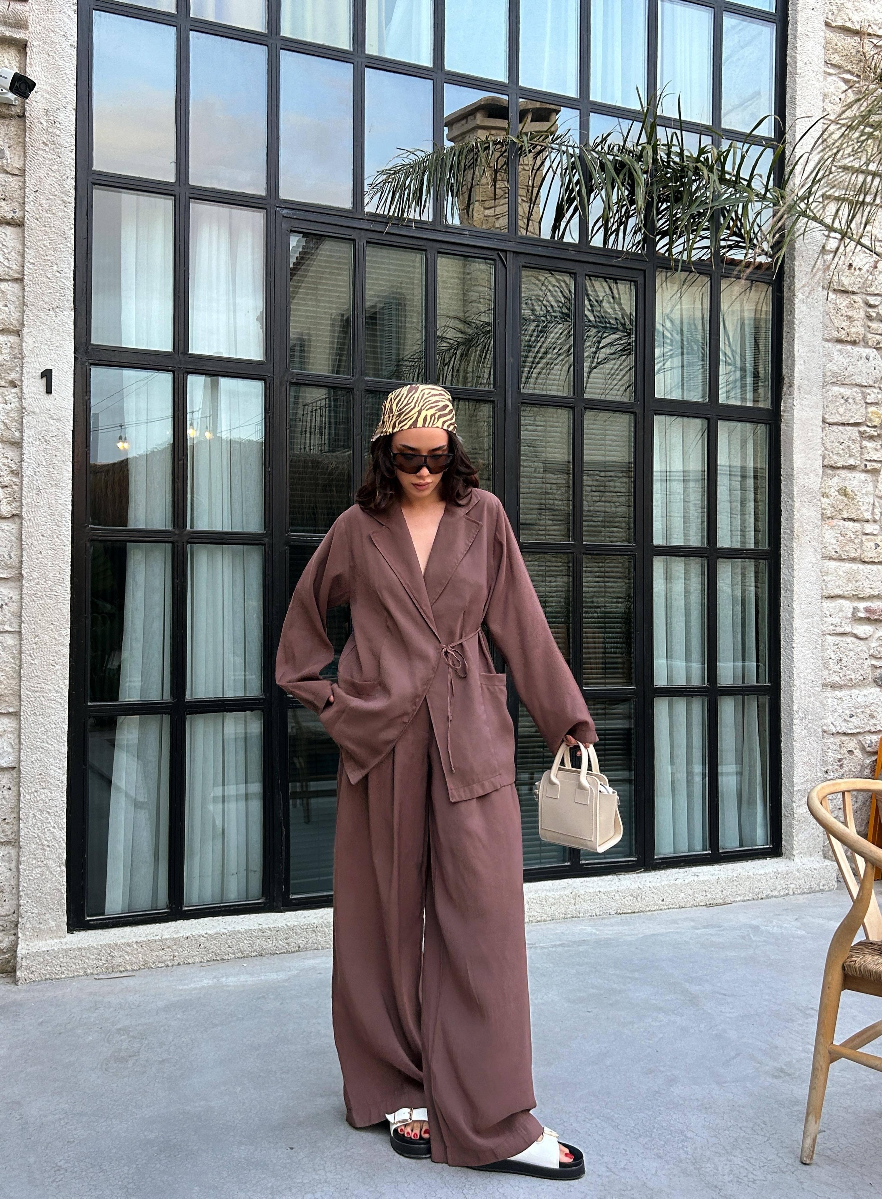 Kadın Kahve %100 Modal Kumaş Bağlamalı Oversize Ceket 29106