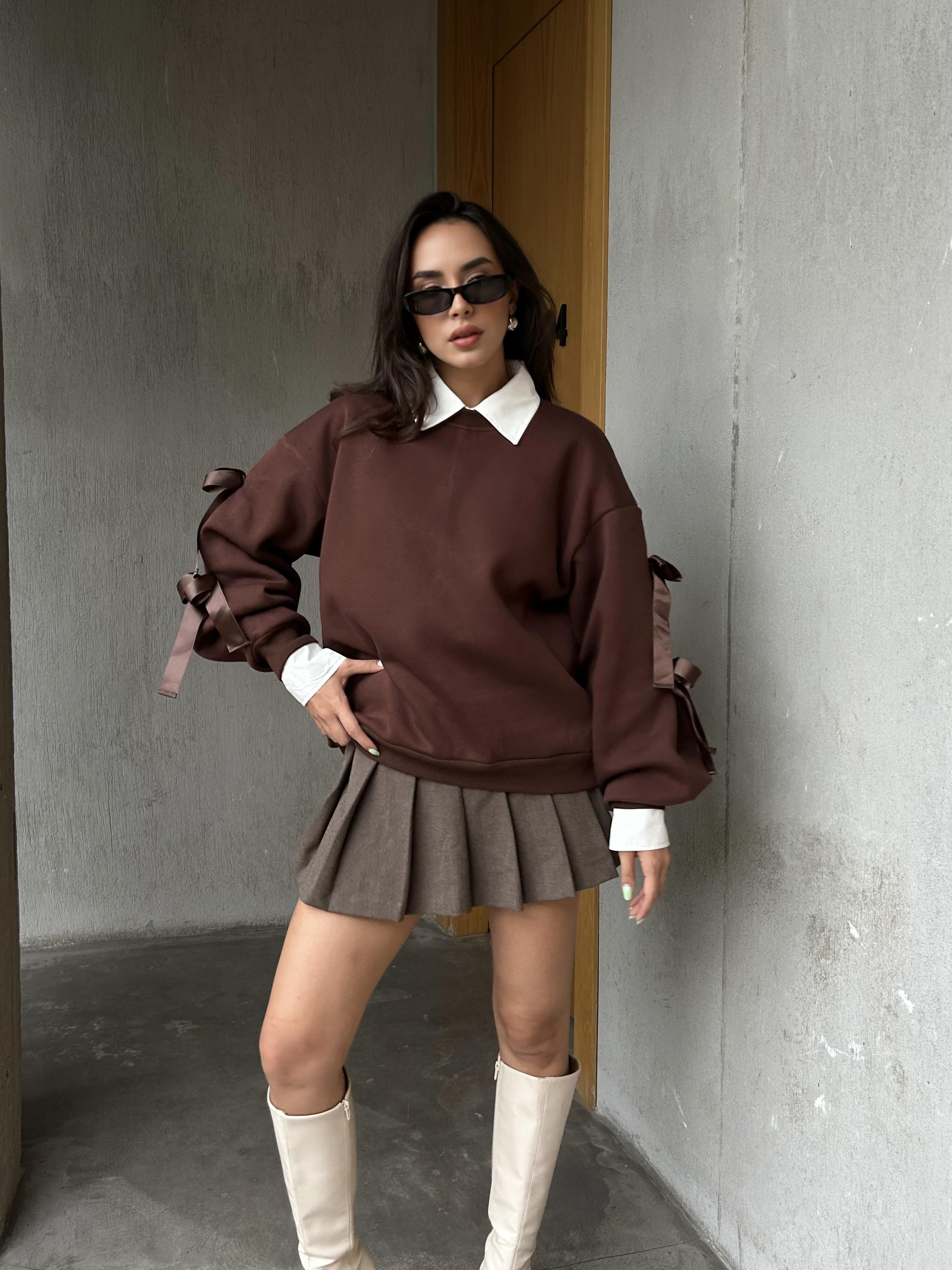 Kadın Kahve 3 İplik Şardonlu Geniş Kesim Kurdele Detaylı Sweatshirt 28318