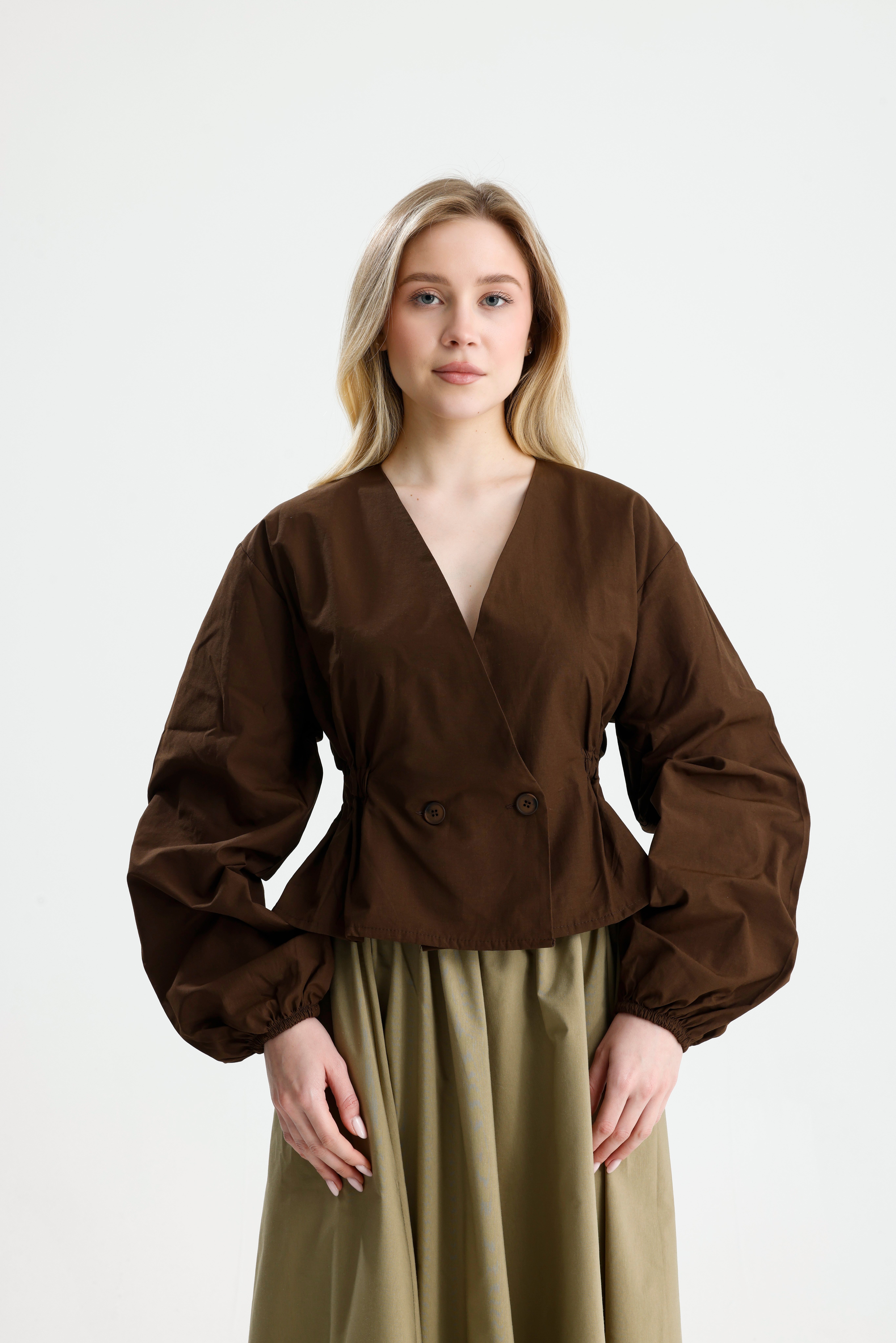 Kadın Kahve Beli Lastik Detaylı Poplin Astarsız Ceket 31039