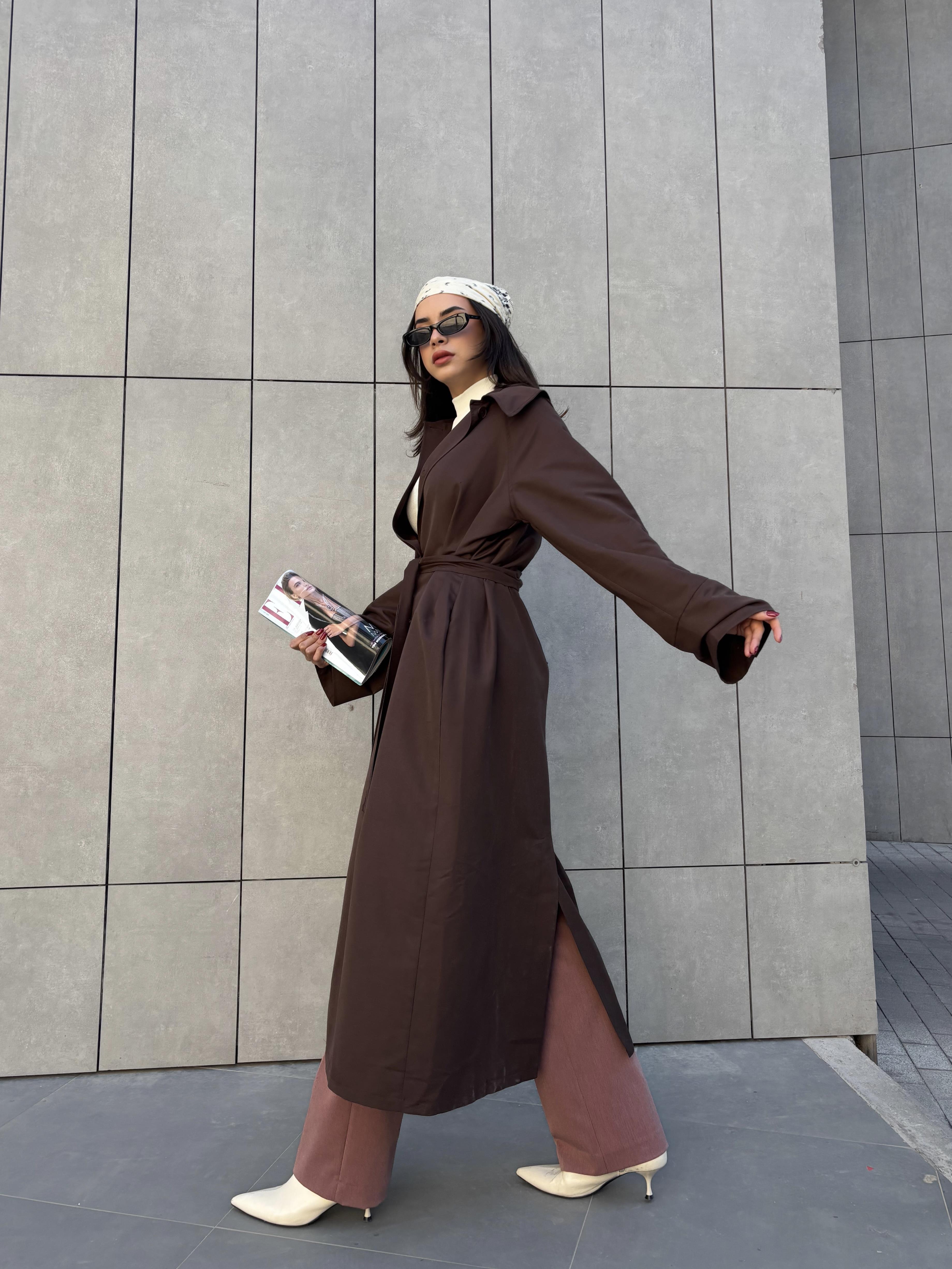 Kadın Kahve Fistanlı Uzun Trençkot 30030