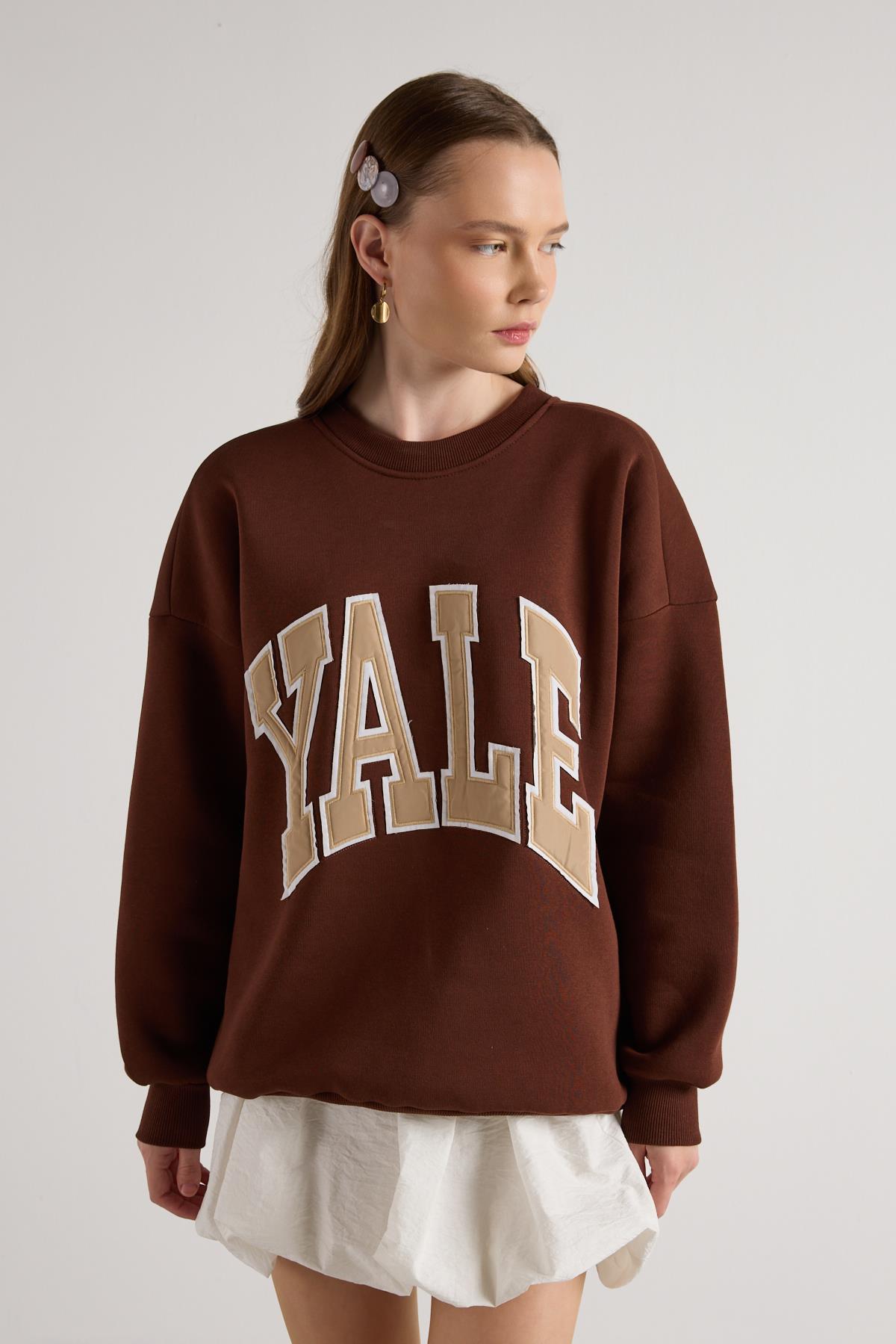 Kadın Kahve Nakışlı Şardonlu  Oversize Sweatshirt 30080