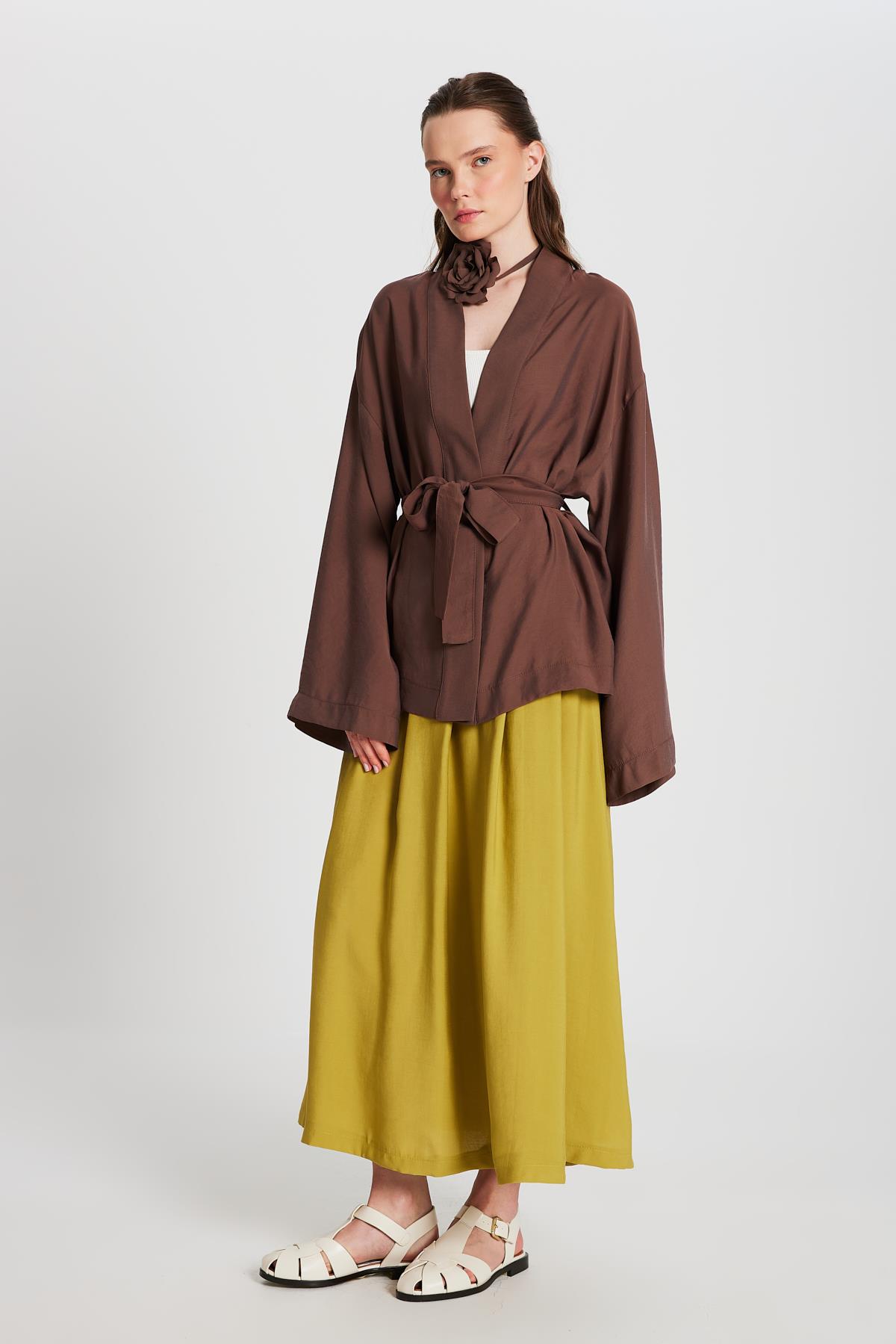 Kadın Kahve Oversize %100 Modal Bağlamalı Kimono Ceket 29146