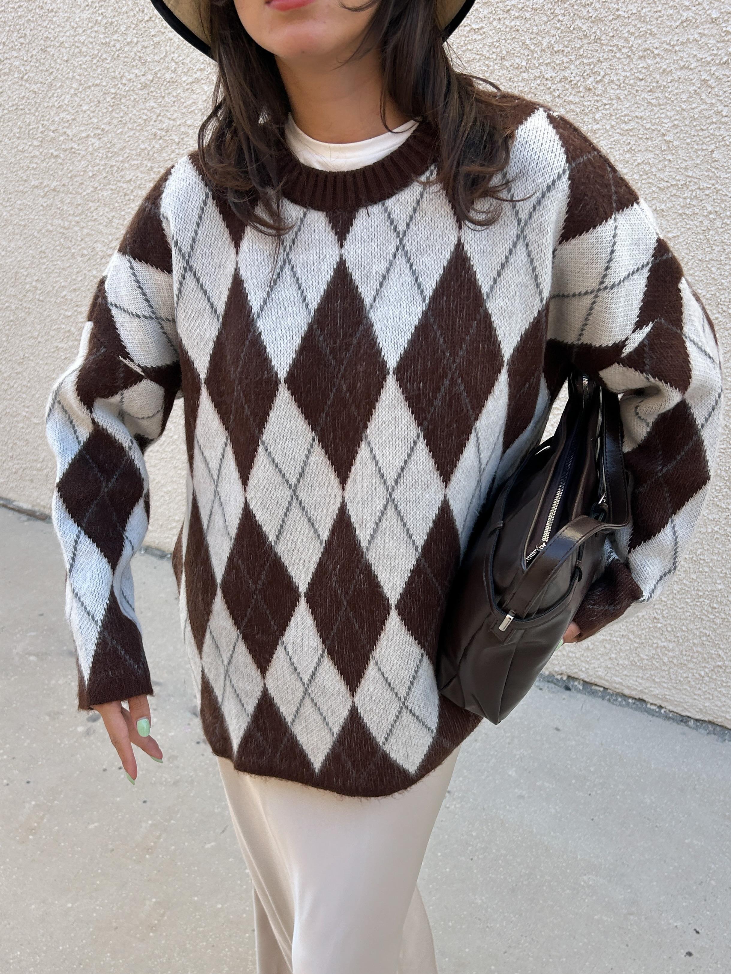 Kadın Kahve Oversize Şardonlu Ekoseli Yumoş Kazak 5581