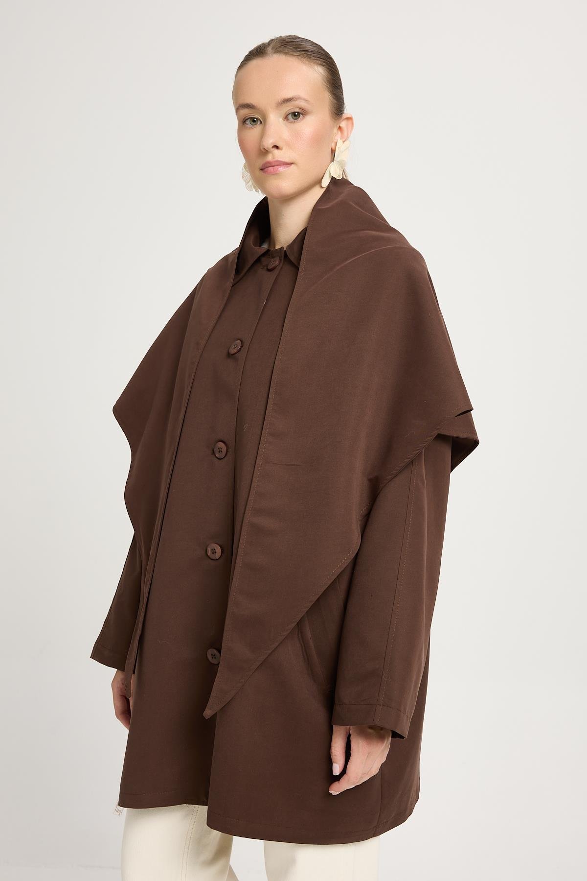 Kadın Kahve Oversize Seyyar Yakalı Astarlı Tasarım trençkot 30009