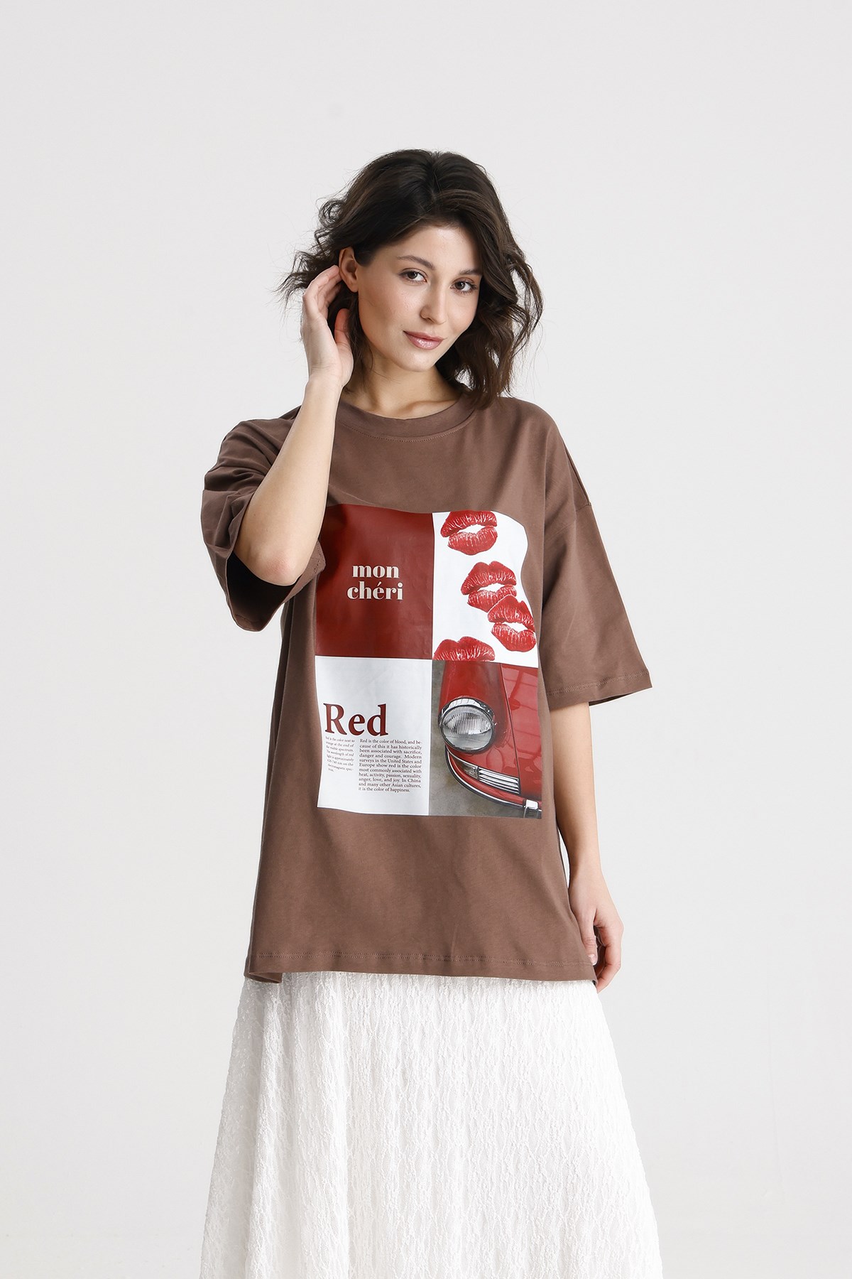 Kadın Kahve OversizeBaskılı Pamuk Kısa Kol t-shirt 31103