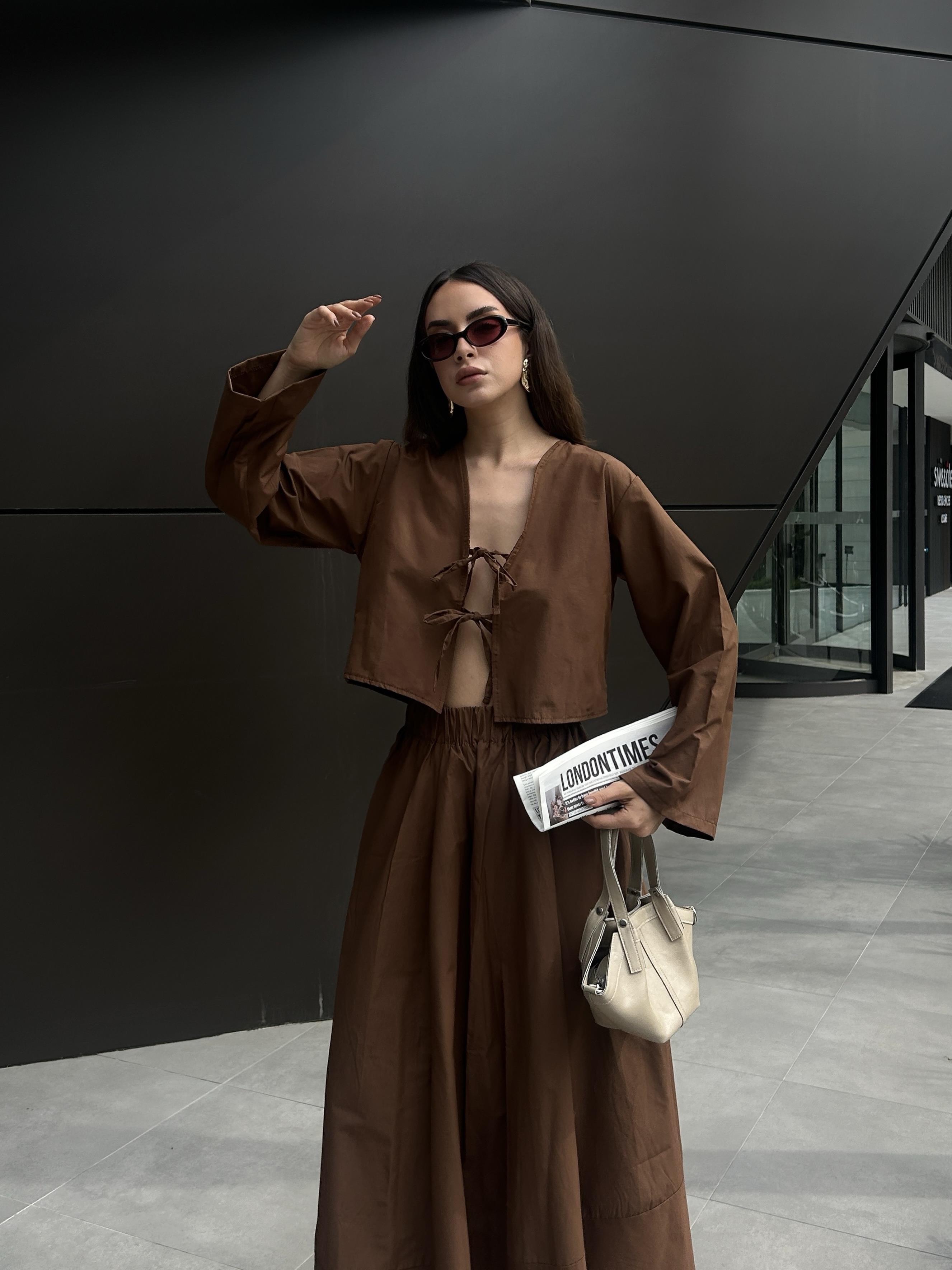 Kadın Kahve Poplin Önden Bağlamalı Bluz 29085