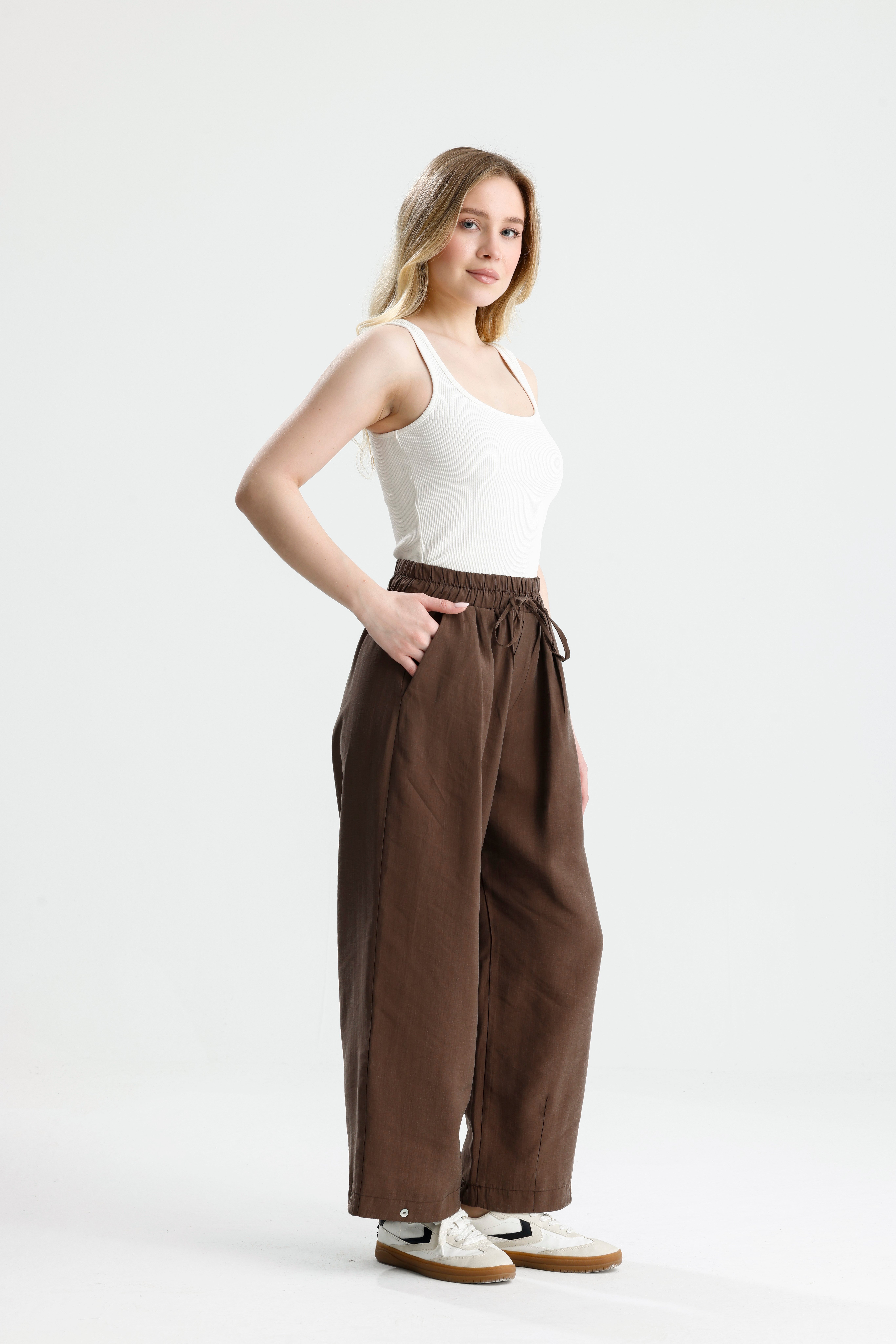 Kadın Kahve  Premium Kumaş Oversize Pantolon 31085