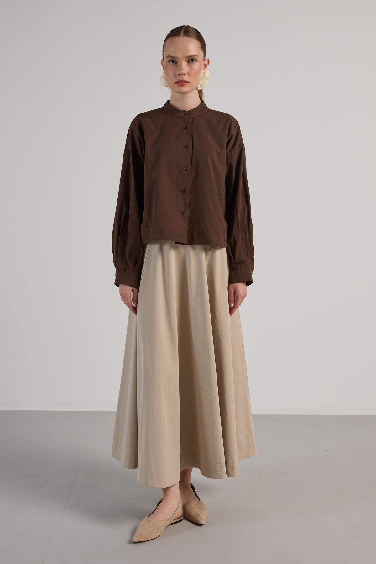 Kadın Kahve Tasarım Oversize Kısa Gömlek 30019