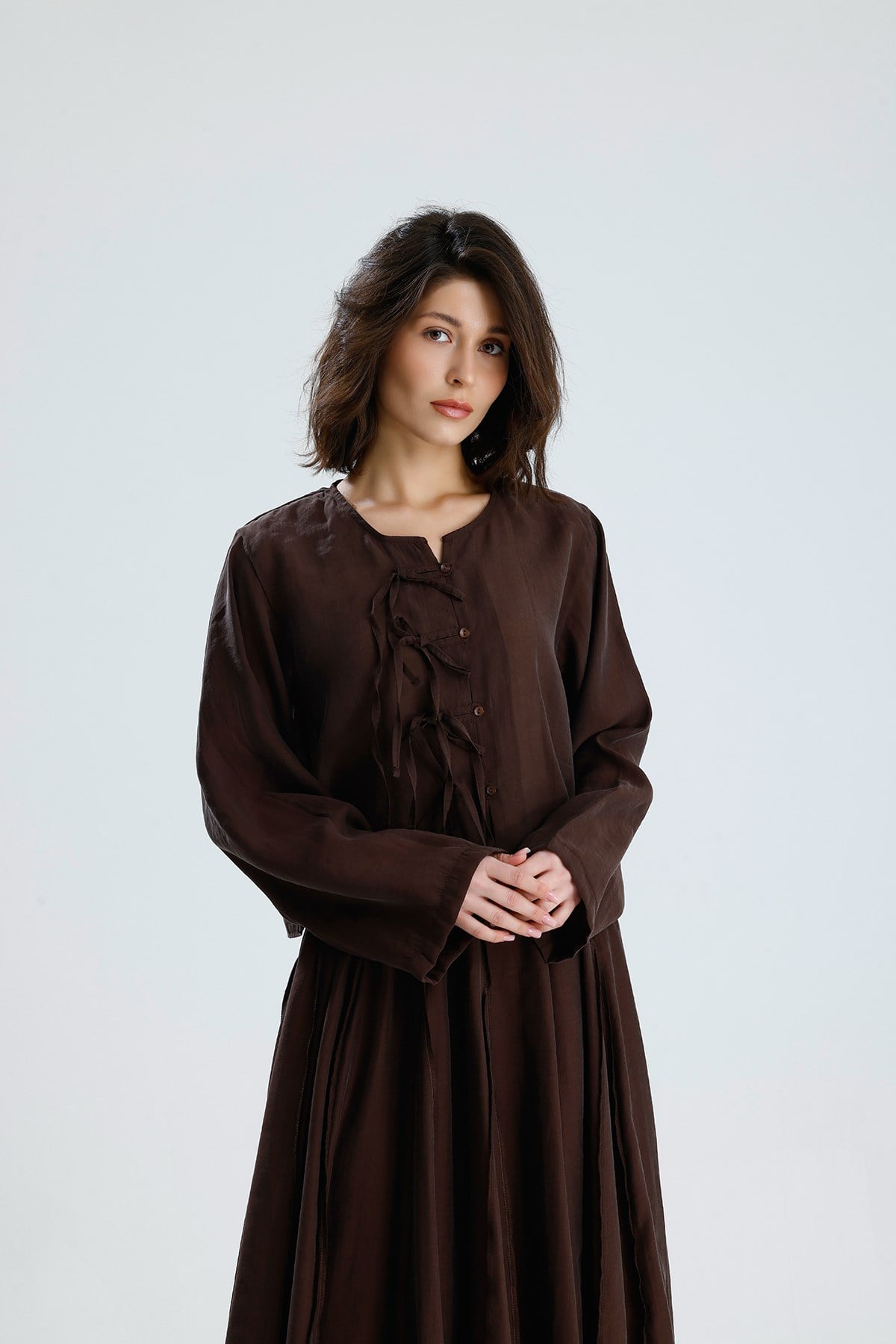Kadın Kahverengi Tencel Kumaş Bluz Bağcık Detaylı Ve Düğmeli 31043