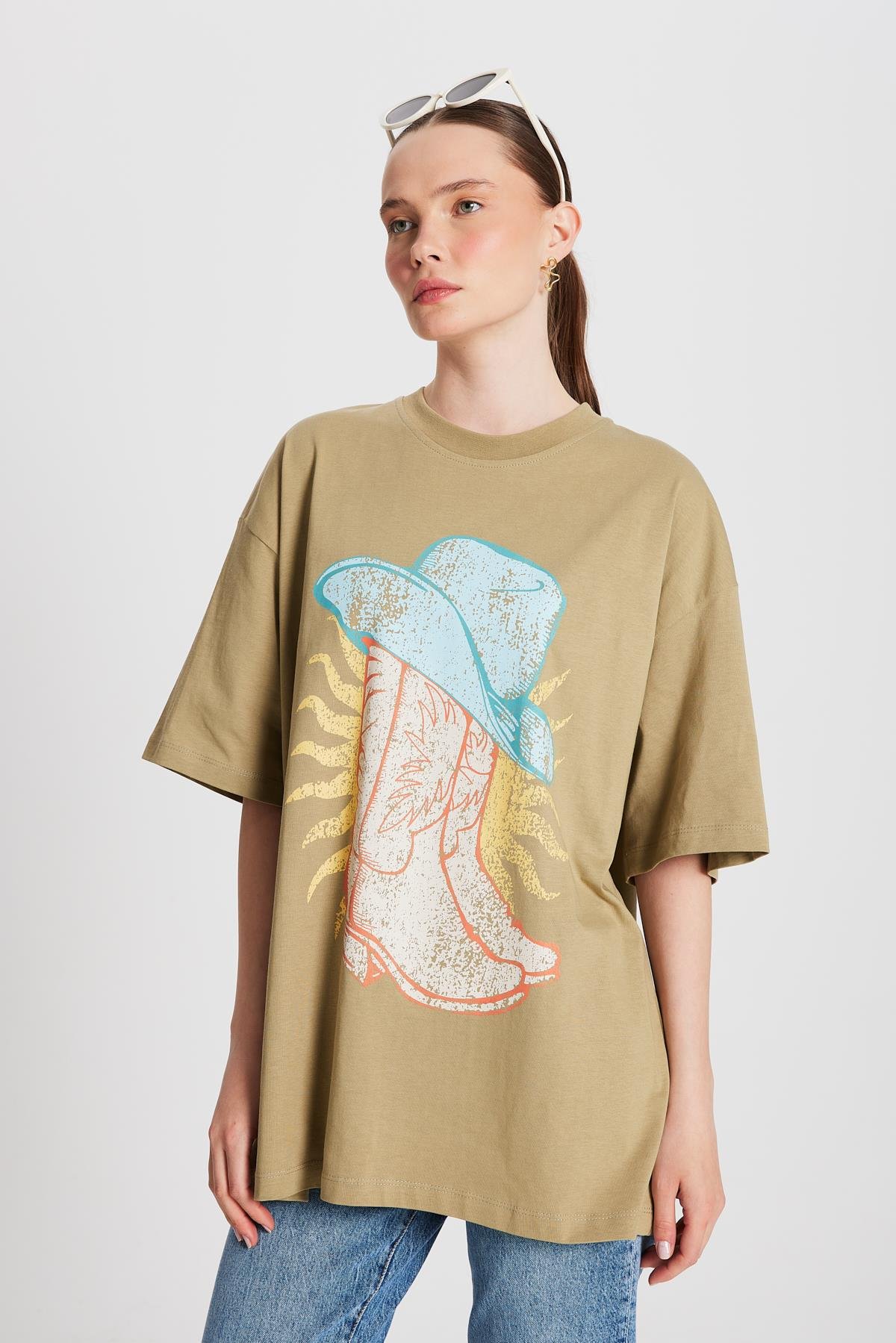 Kadın Küf Yeşili Oversize Baskılı T-shirt 29156