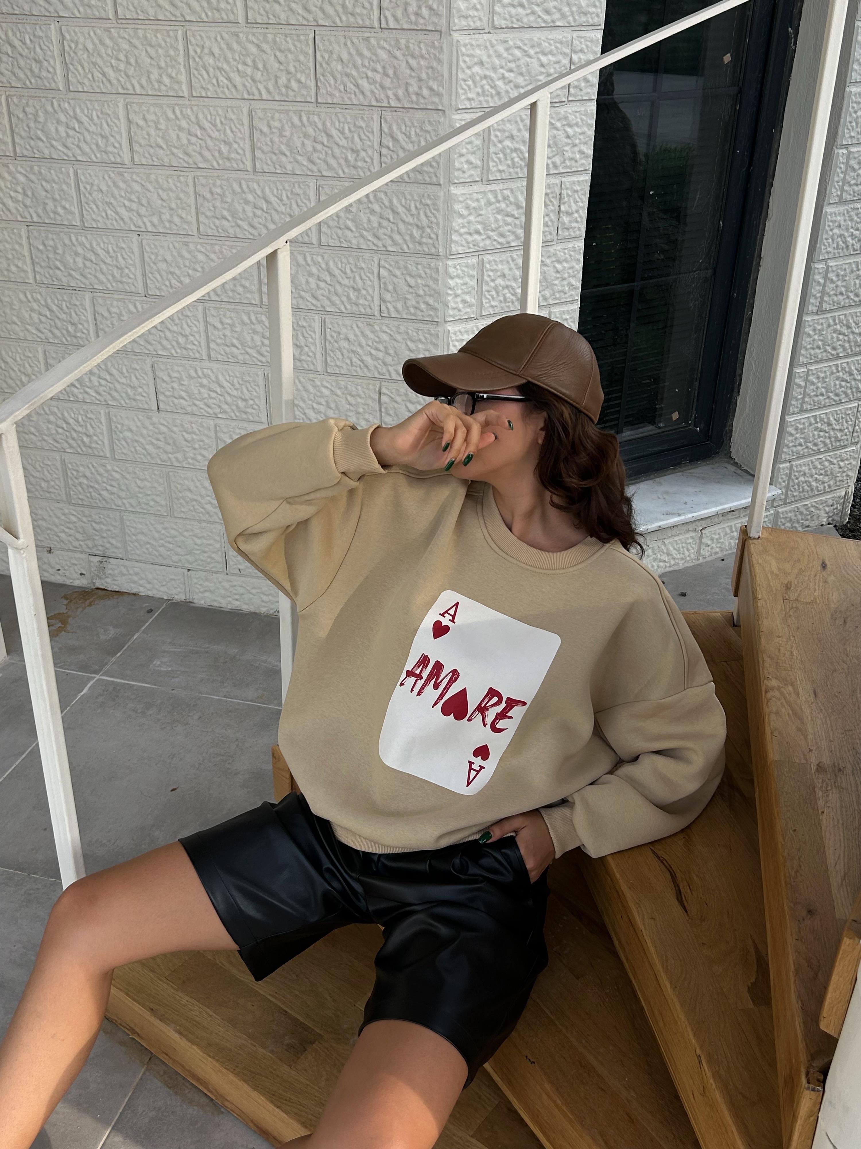 Kadın Kum Beji Baskılı Şardonlu 3 İplik Pamuk Sweatshirt 28059