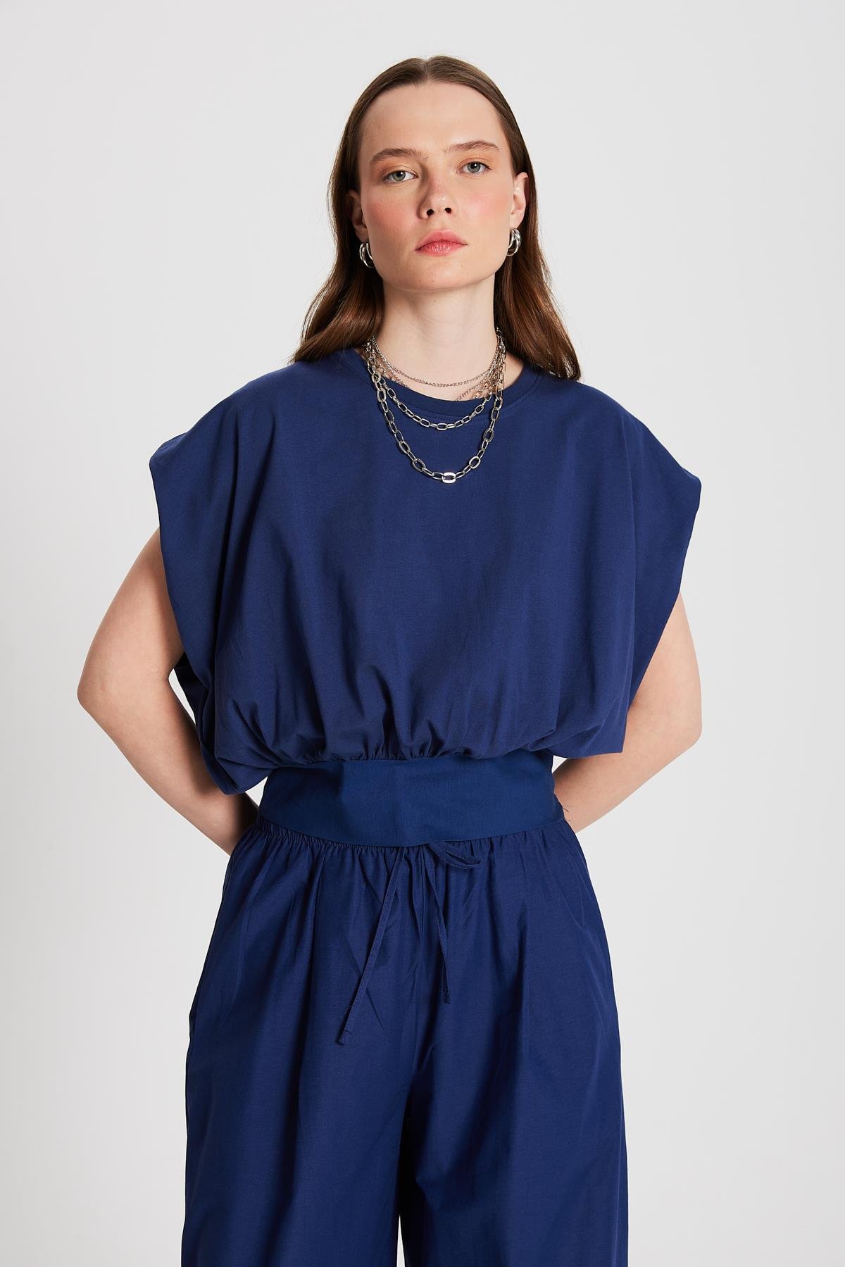 Kadın Lacivert Örme ve Dokuma Garnili Tasarım Bluz 29157