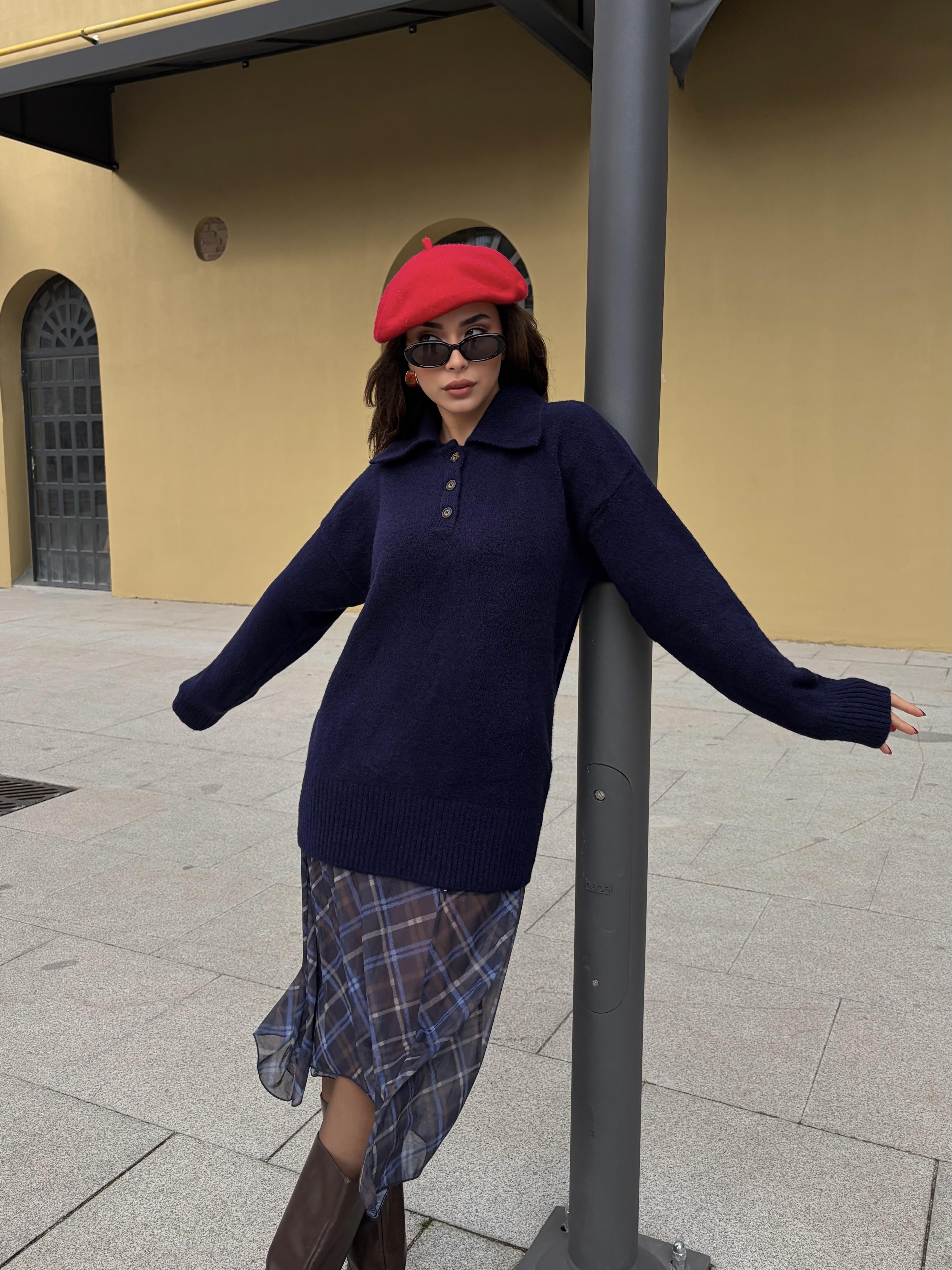 Kadın Lacivert Polo Yaka Kazak Tunik Boy 7036