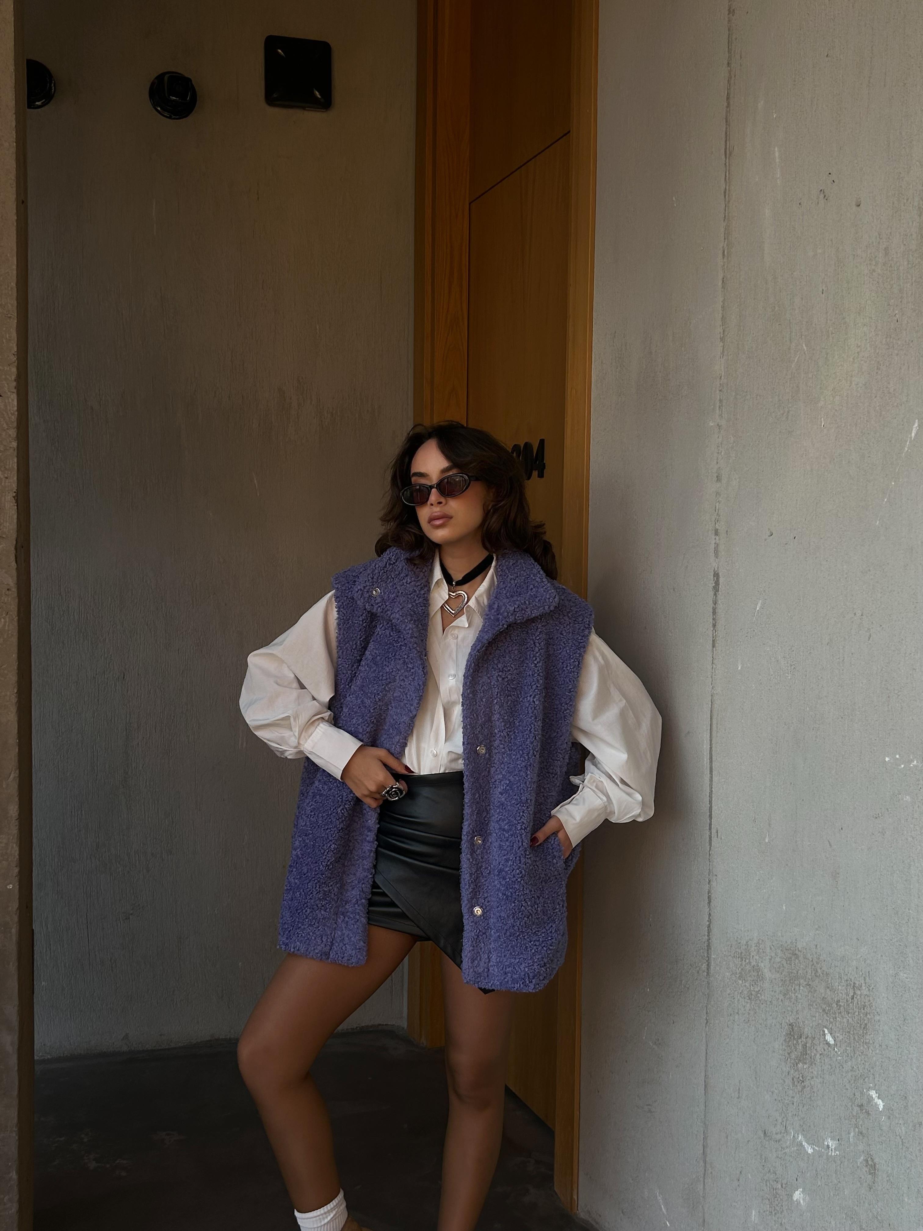 Kadın Mor Gizli Çıtçıt Detaylı Astarlı Peluş Yelek 28267