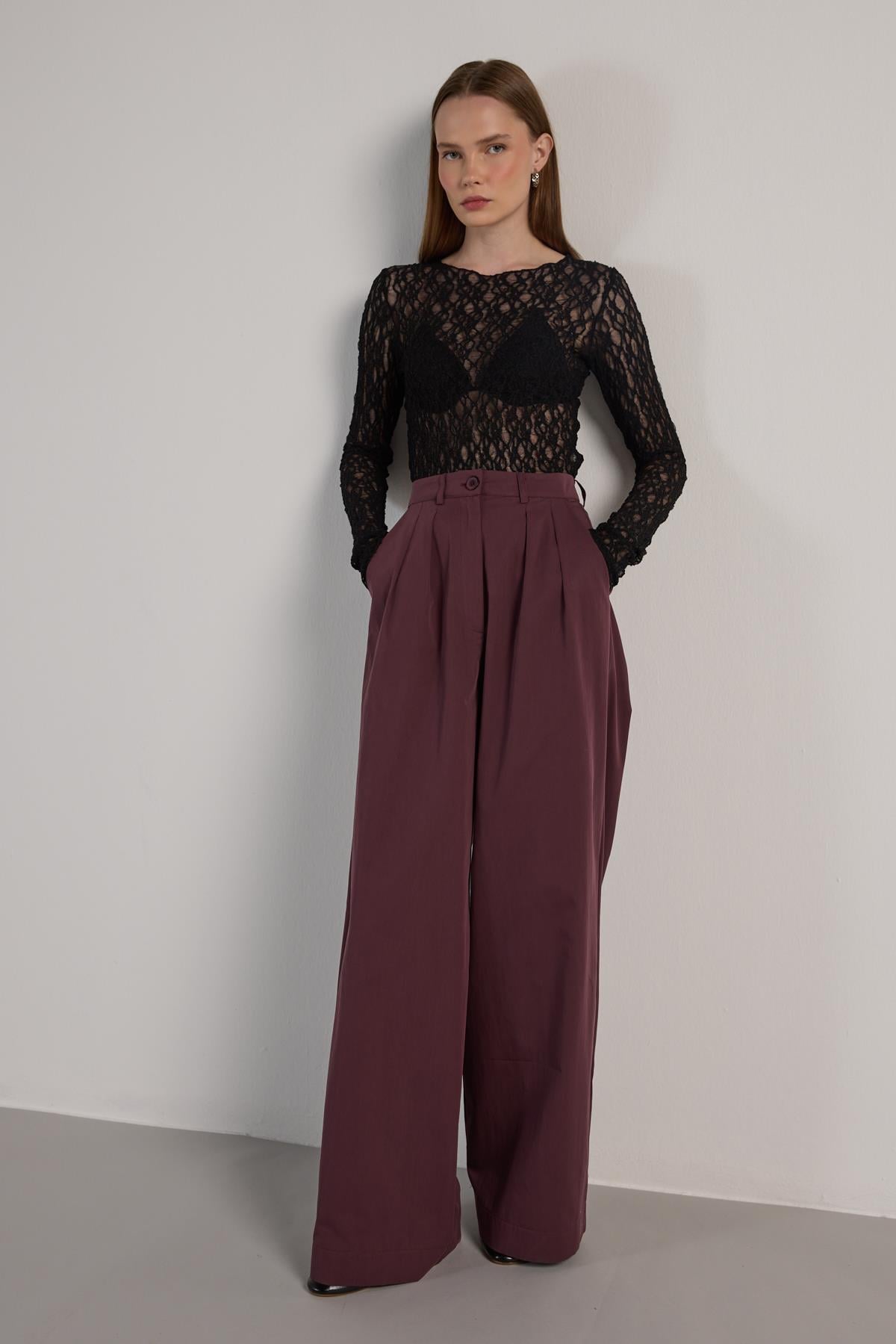 Kadın Mürdüm Premium Palazzo Pantalon 30016