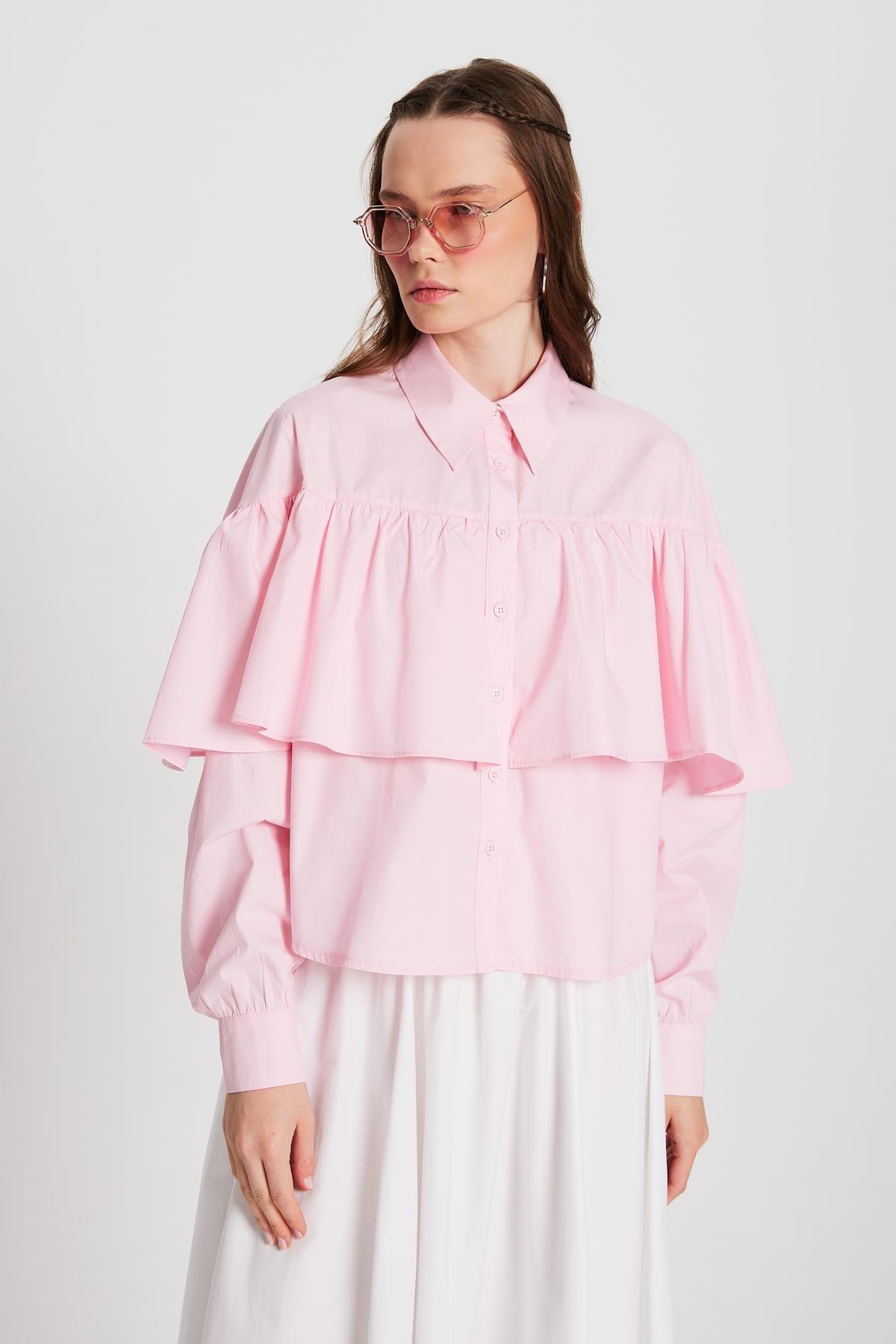 Kadın Pembe Fırfırlı Pamuk Kumaş Geniş Kesim Gömlek 29136