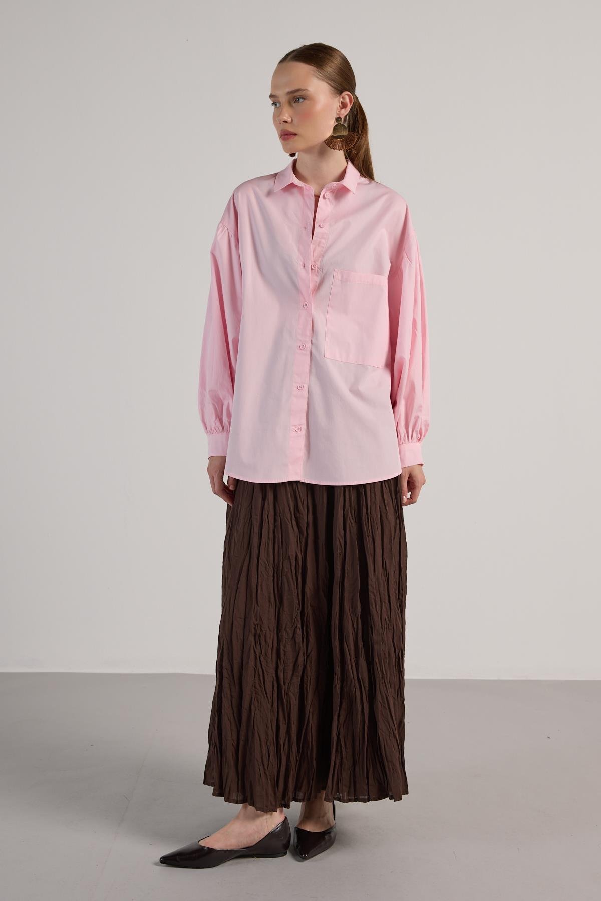 Kadın Pembe Pileli Cep Detaylı Oversize Gömlek 30062