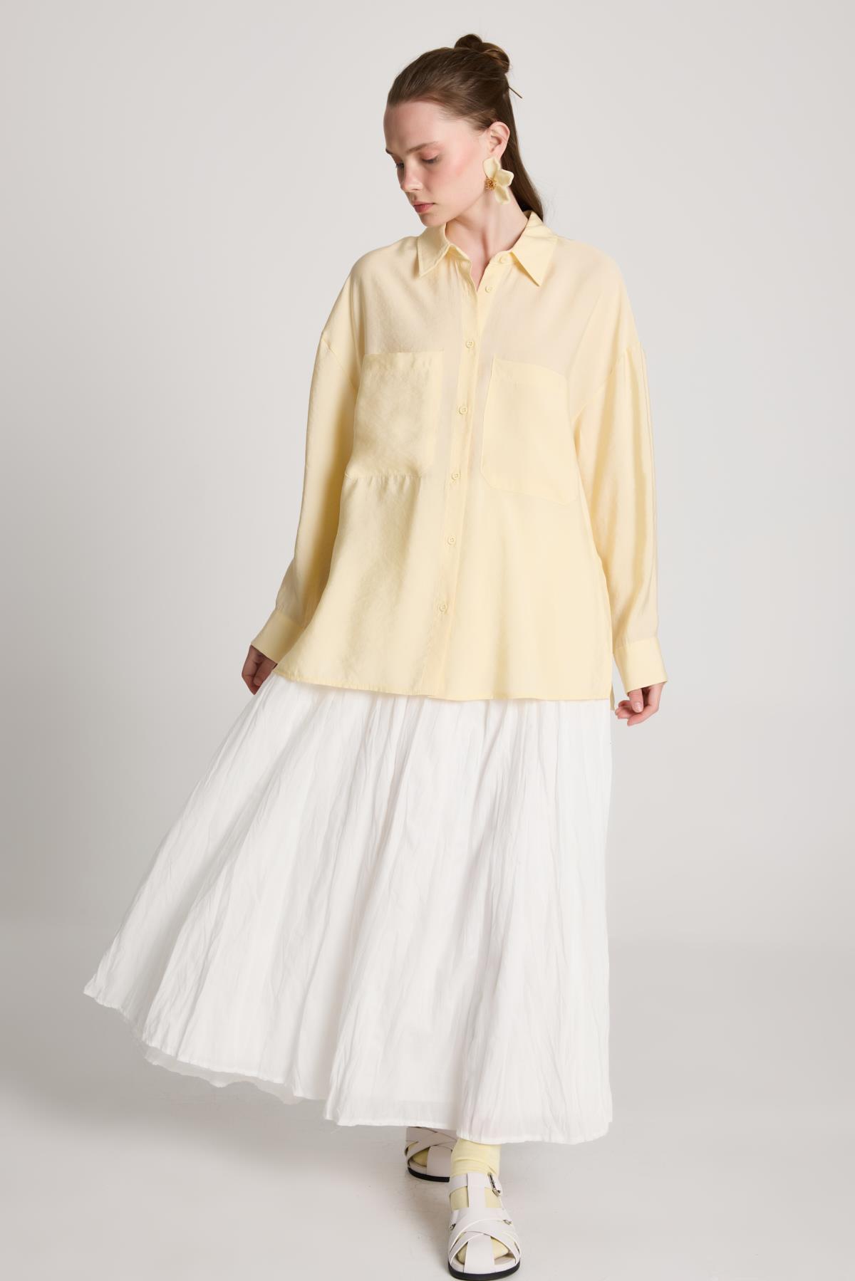 Kadın Sarı %100 Modal Kumaş Cep Detaylı Oversize Uzun Gömlek 29108