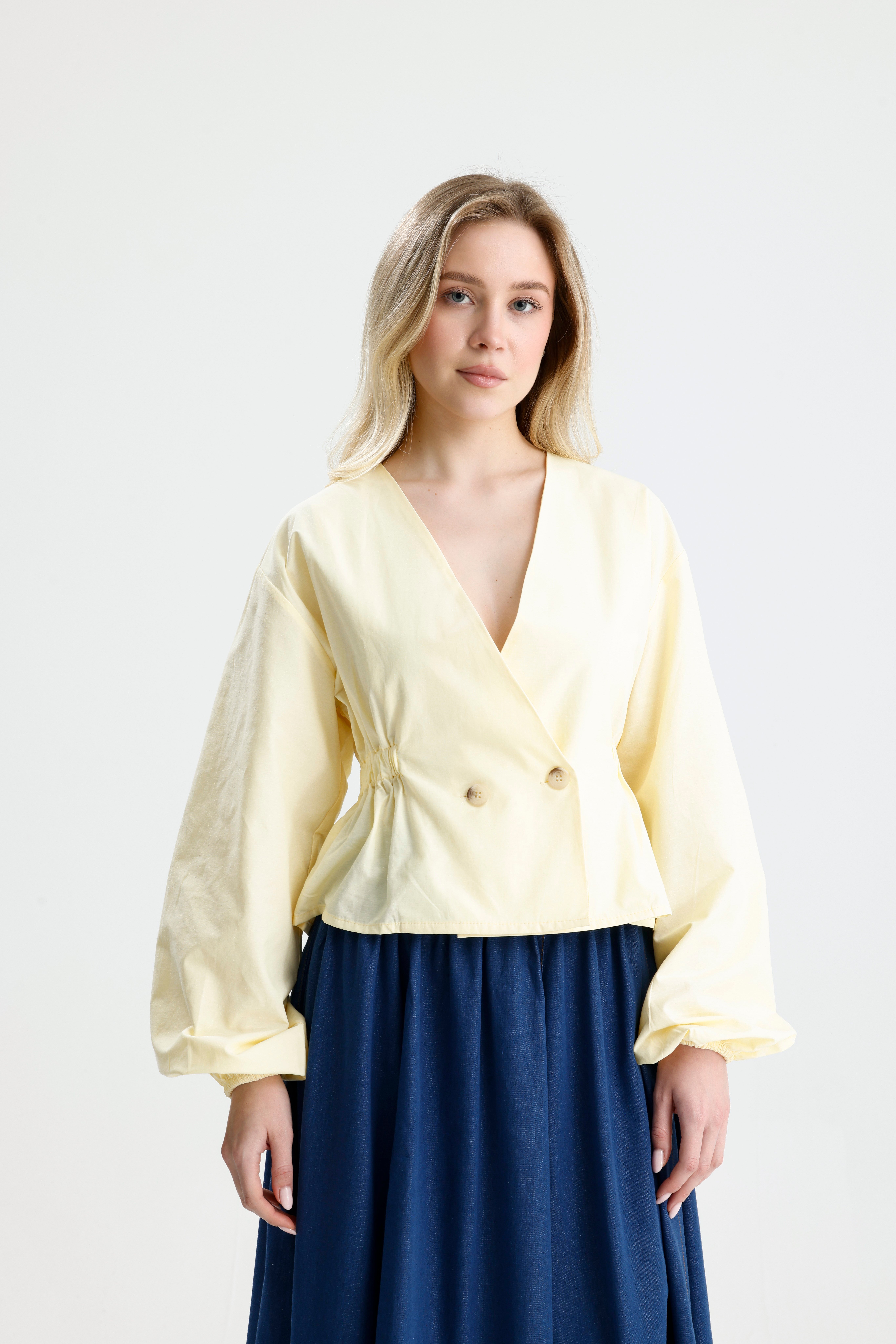 Kadın Sarı Beli Lastik Detaylı Poplin Astarsız Ceket 31039