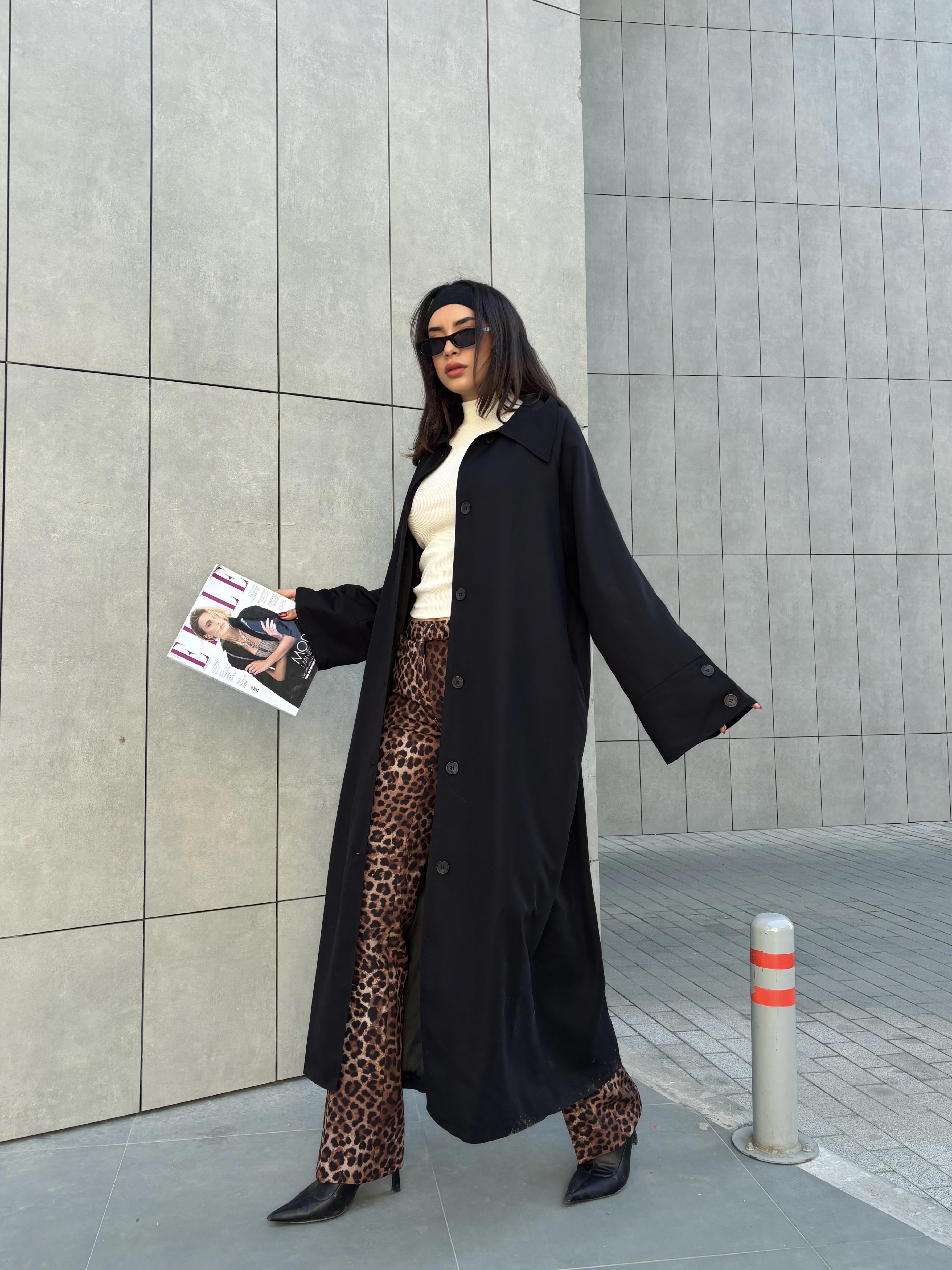 Kadın Siyah Astarlı Uzun Trençkot 30030